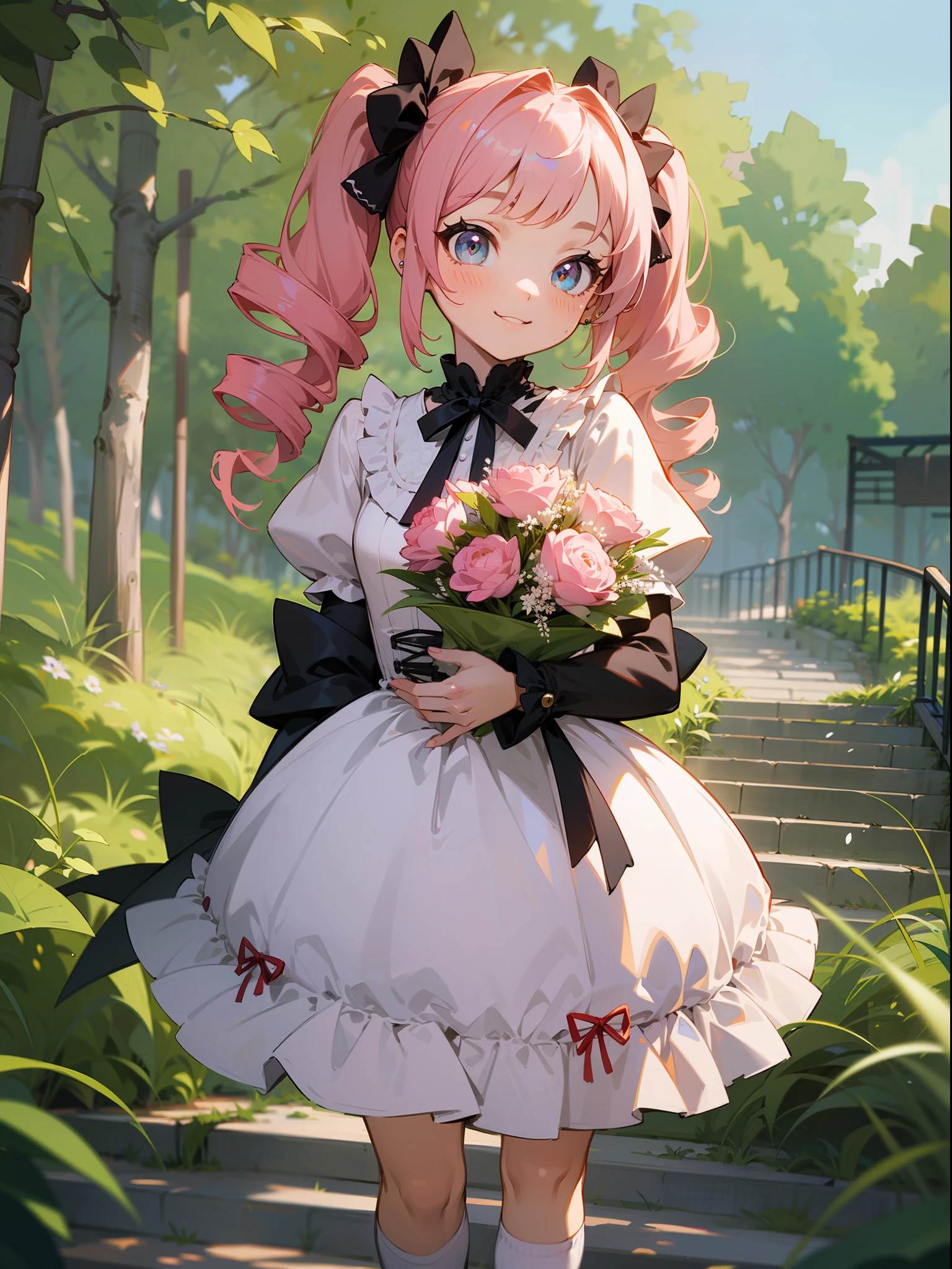 master piece, hyper quality, Hyper Detailed, Perfect drawing,Hi-Res、1girll,ssmile、Loose and fluffy hair、(((drills twintails)))、A pink-haired、Big eyes with double eyelids、lofty nose、blusher(0.2)、small mouth、ear piercings、(((ta Fashion)))、Clothes with lots of lace and frills、Dresses in pastel colors、White or pink clothes、Premium service、Luxury underwear、a miniskirt,knee high socks(:1.5),(garterbelts)、(((Wrapped、With ribbon、Holding a large bouquet))), butt sticks out, Big round buttocks, blue-sky、Summer colors、Sunlight、Walking trail、Shooting from diagonally below, portlate、beatiful backgrounds, meticulous drawing, Accurate drawing、Perfect illustration、Perfect Beautiful Girl、high-class sense、