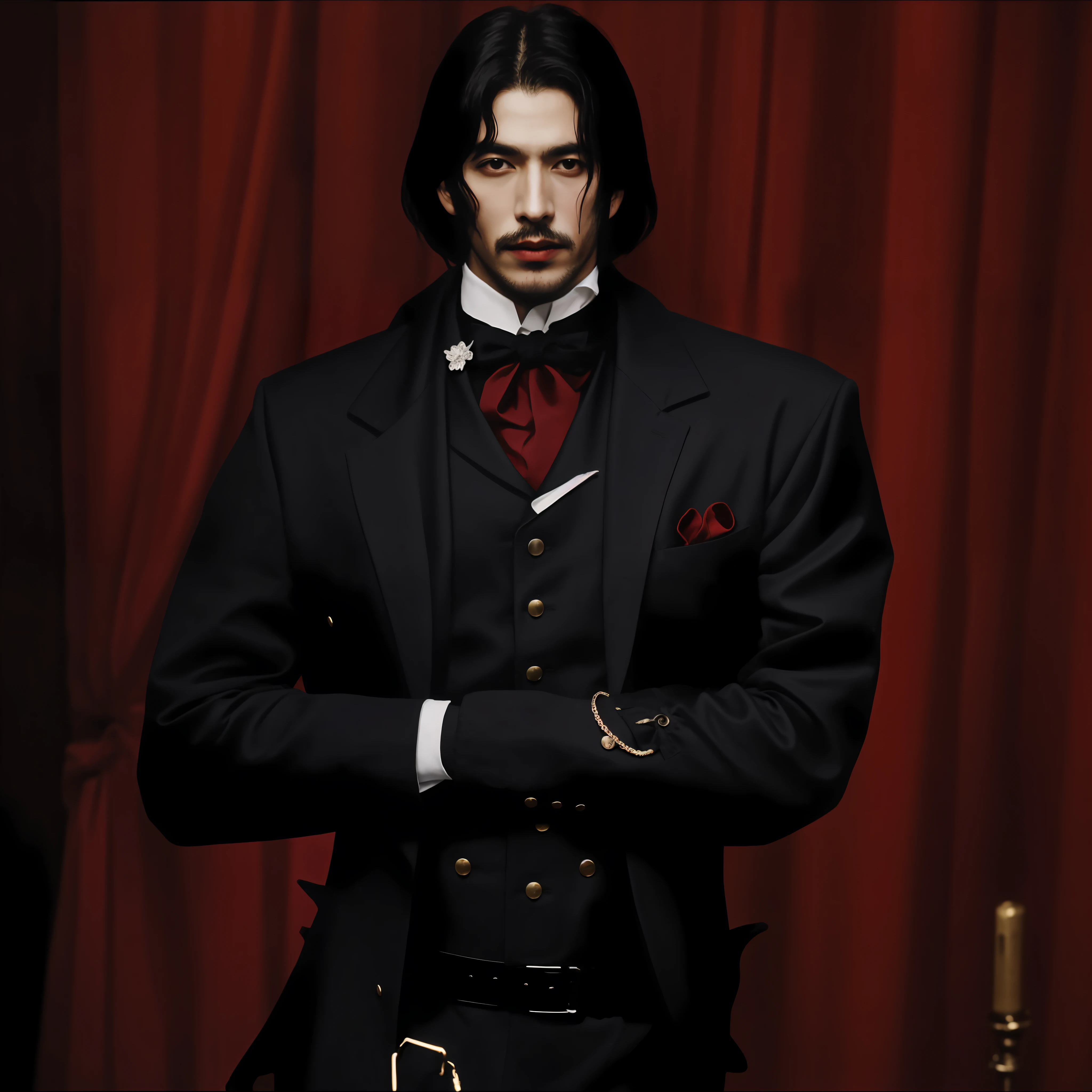 imagem arafed de um homem em uma jaqueta de couro preta e um fundo vermelho, male vampire of clan banu haqim, vampiro macho, vampiro masculino bonito, macho malvado desonesto, Corvo Attano, gothic regal, androgynous vampire, neo goth, vampire of clan lasombra, casaco longo preto e vermelho de corpo inteiro, vestindo um terno nobre preto, (FOTO CRU: 1.2), (fotorrealista: 1.4), (detalhes intrincados: 1.2), (obra-prima: 1.3), (melhor qualidade: 1.4), (Ultra Highres: 1.2), luz de cinema, ultra alta realista, (olhos detalhados), (detailedfacialfeatures), (detailed features of the outfit),HDR, 8K分辨率, (extremely detailed illustration), (extremely detailed illustration), retrato de corpo inteiro, mola a 50mm, abertura f/4, (super detalhe), 8mm film grain