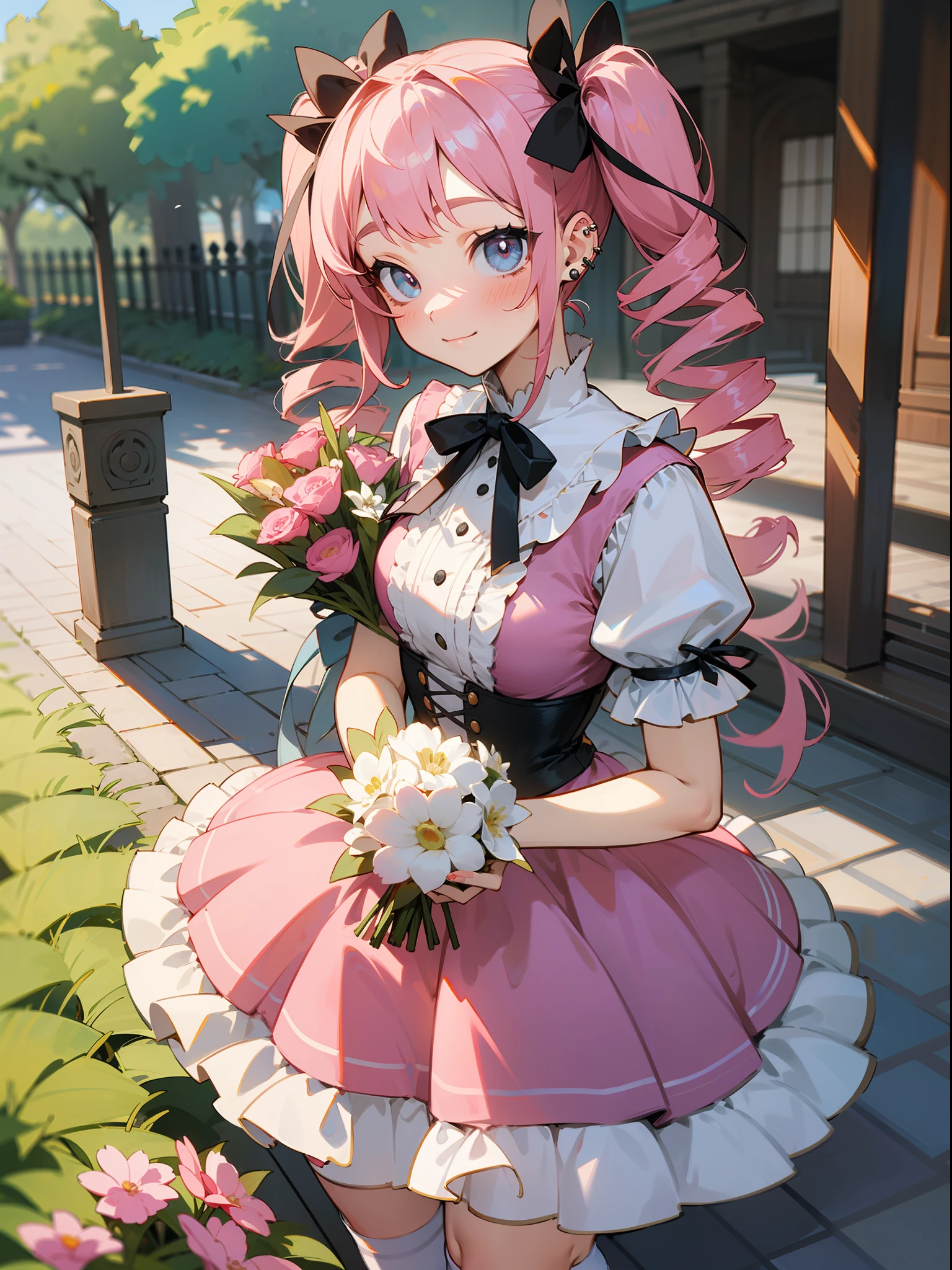 ​master piece, hyper quality, Hyper Detailed, Perfect drawing,Hi-Res、1girll,ssmile、Loose and fluffy hair、(((drills twintails)))、A pink-haired、Big eyes with double eyelids、lofty nose、blusher(0.2)、small mouth、ear piercings、(((Lolita Fashion)))、Clothes with lots of lace and frills、Dresses in pastel colors、White or pink clothes、Premium service、Luxury underwear、a miniskirt,knee high socks(:1.5),(garterbelts)、(((Wrapped、With ribbon、Holding a large bouquet))), butt sticks out, Big round buttocks, blue-sky、Summer colors、Sunlight、Walking trail、Shooting from diagonally below,  portlate、beatiful backgrounds, meticulous drawing, Accurate drawing、Perfect illustration、Perfect Beautiful Girl、high-class sense、