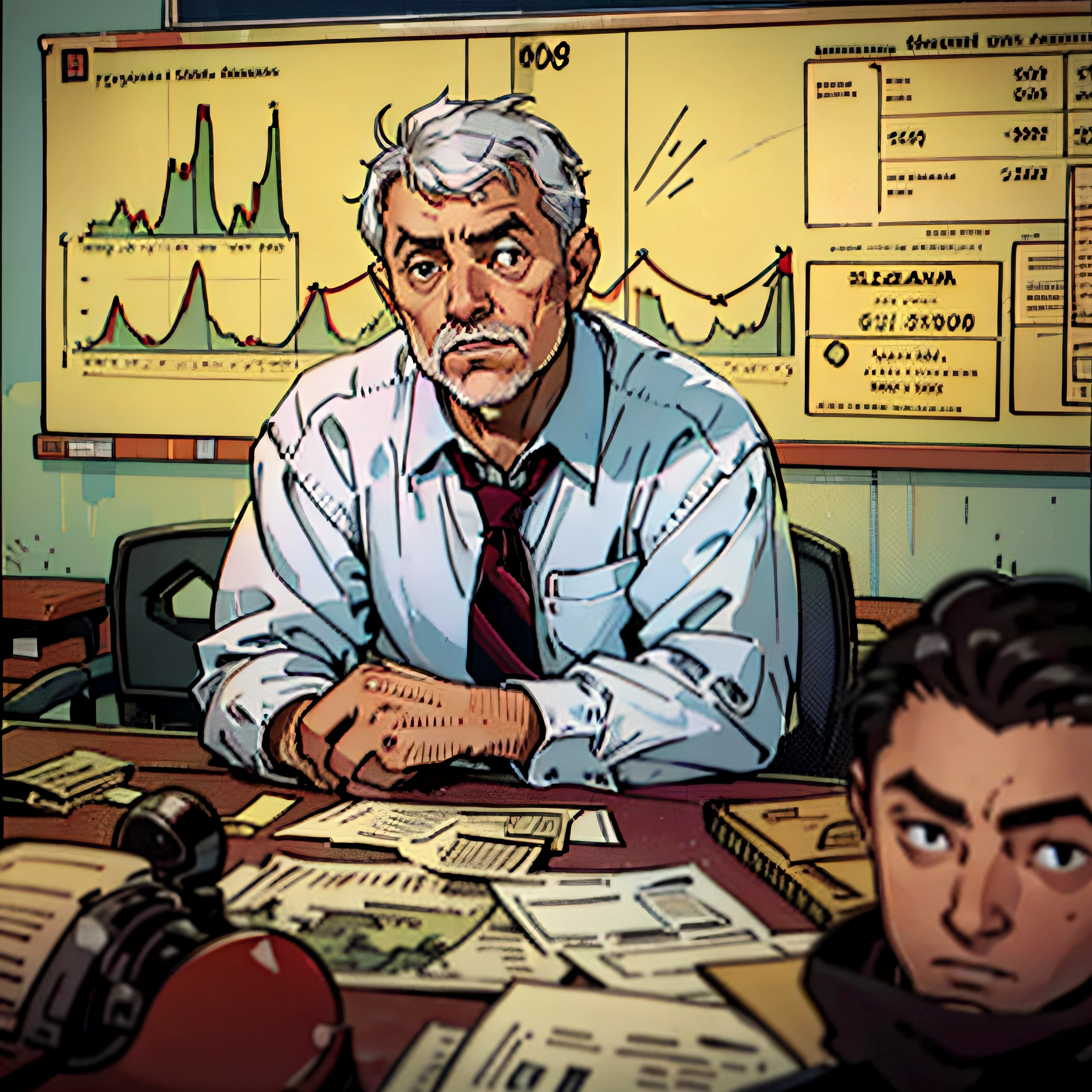 An image of Paul Krugman in a classroom, teaching students about the global economy and how economic policies affect people's lives, while a board in the background displays graphs about the 2008 financial crisis and its recovery.