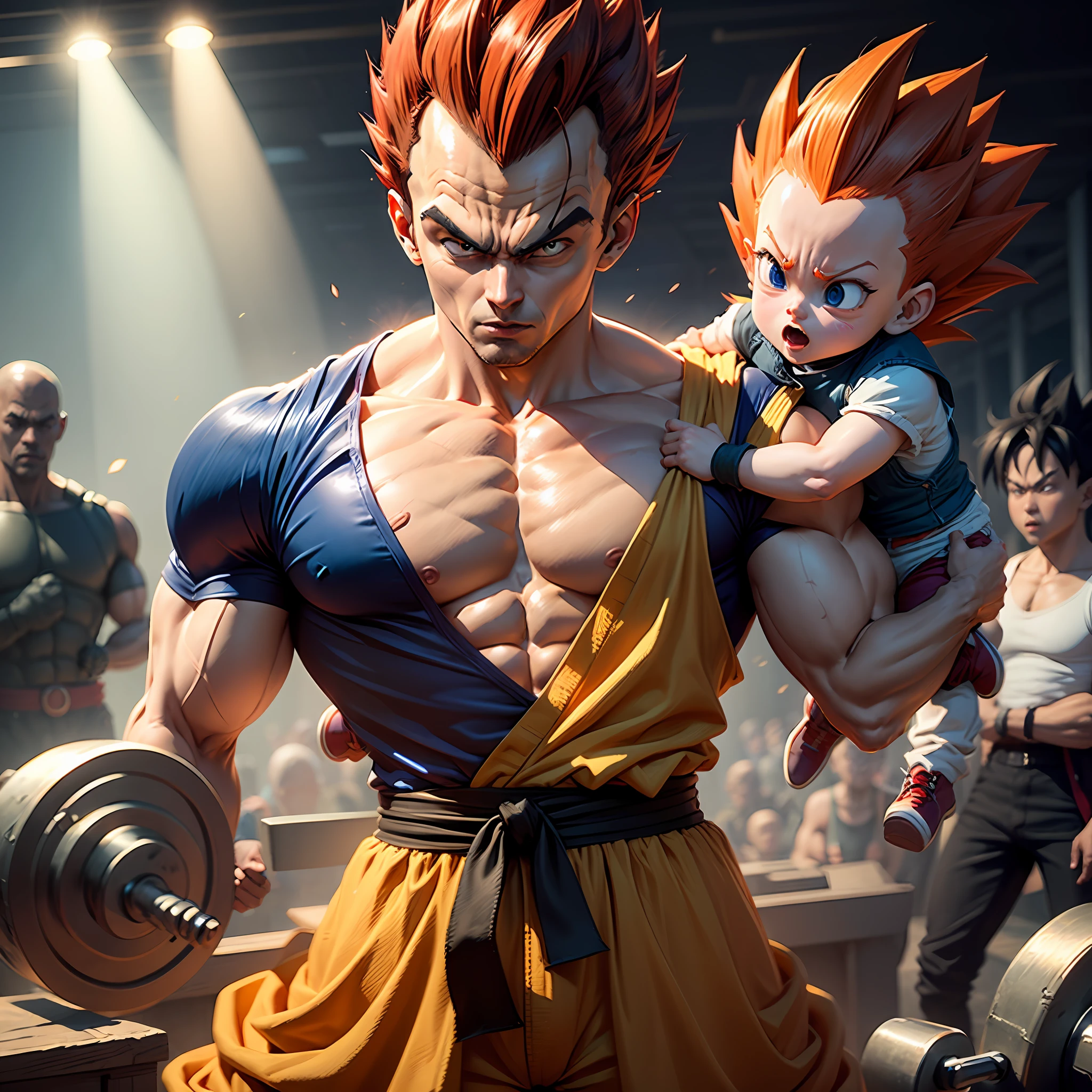 Dragon ball vegeta red hair lifting weights next to son goku also red hair and ultra-detailed red aura 8k hdr avoid anatomical deformations and their faces --auto