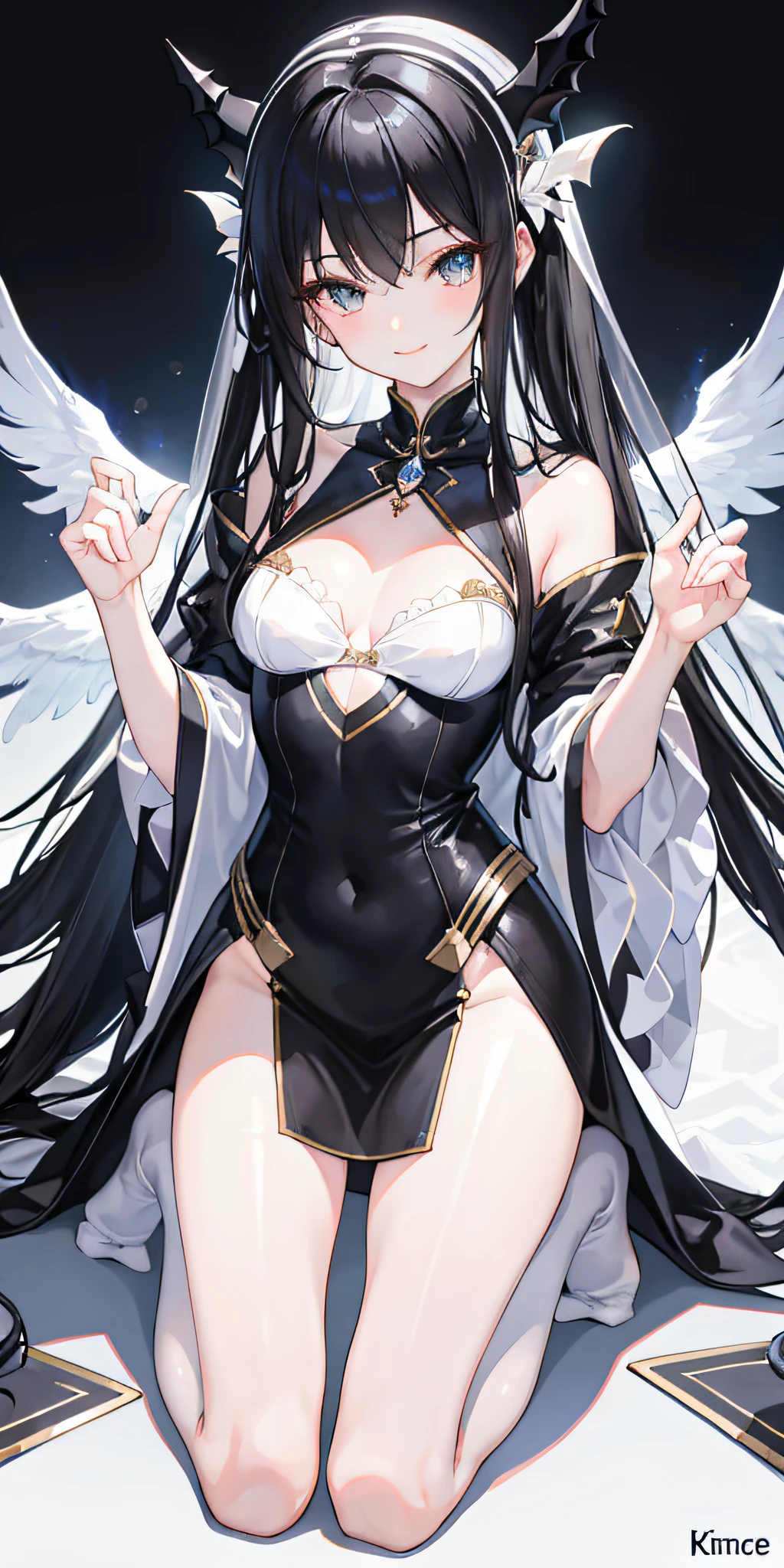 tmasterpiece,best qualityer,4K,1 girl,quadratic element,Royal Sister,Kneeling pose,mature,black lence stockings,Chest medium size,Long legs,White skin,ssmile,Long black hair,No shoes,Thin leg