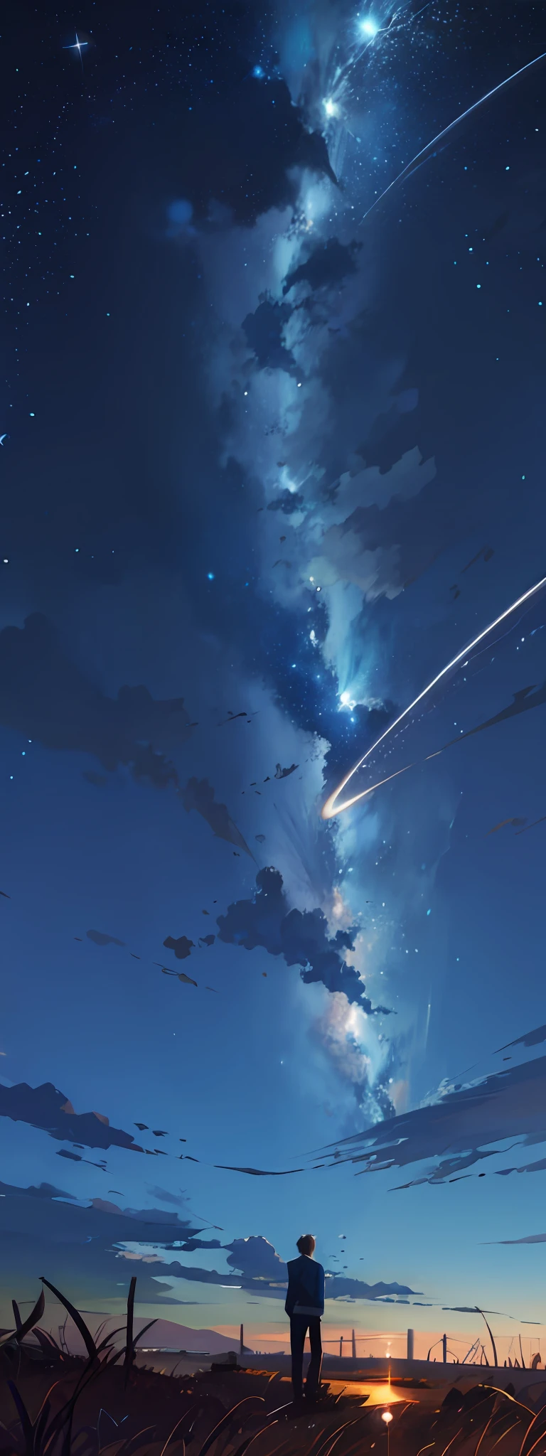 starry night sky with a man standing in the grass, milkyway, endless cosmos in the background, anime background, 4k anime wallpaper, anime art wallpaper 8 k, anime wallpaper 4k, anime wallpaper 4 k, anime art wallpaper 4 k, anime art wallpaper 4k, anime background art, cosmic skies. by makoto shinkai, anime sky, night sky; 8k, ((miky way))