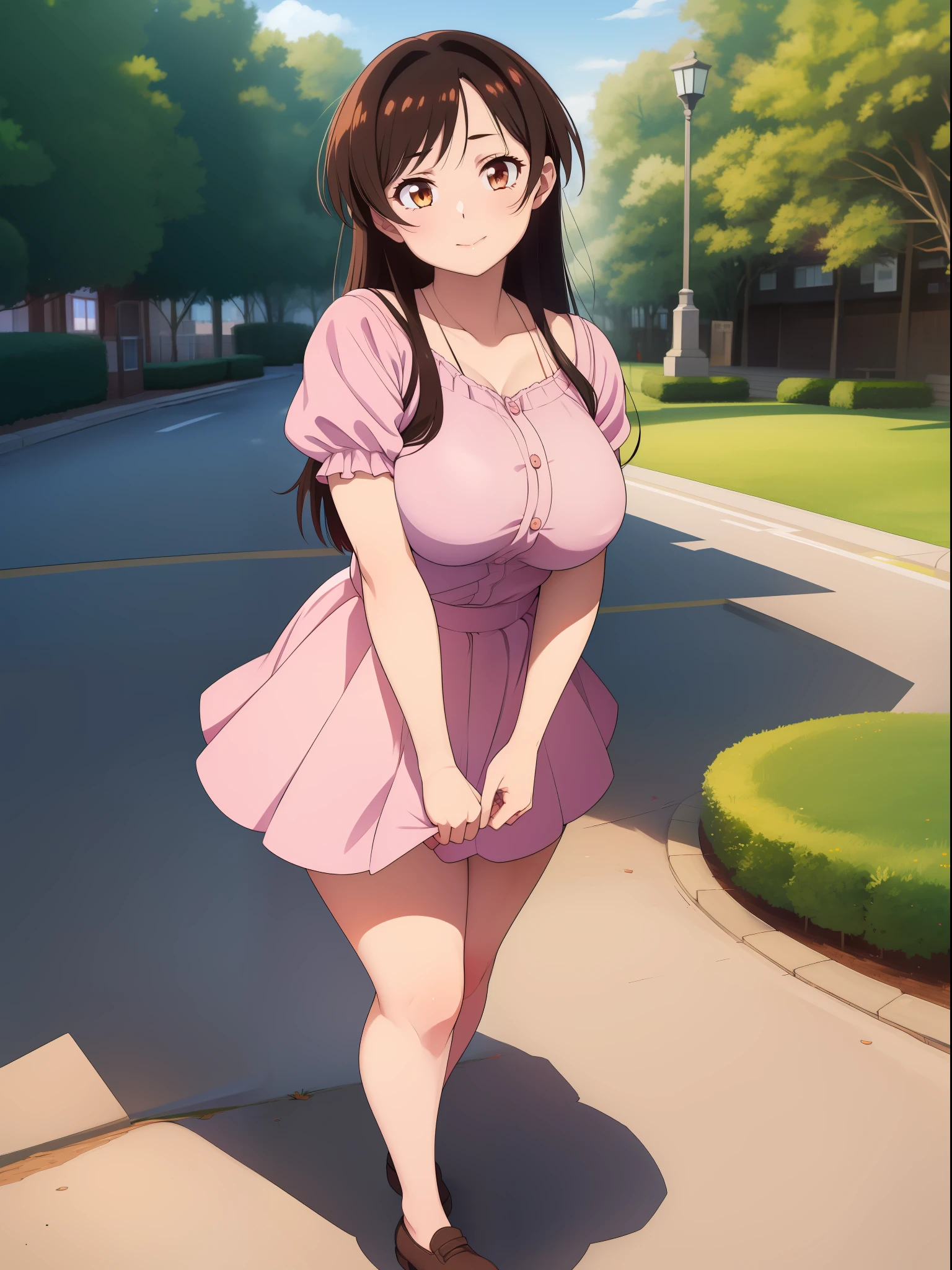 ((((kipteitei art)))), ((highres)),Masterpiece, high quality, best quality, beautiful, perfect lighting, detailed face, ultra cute face, ((1girl)), ((solo)), (((chizuru))), pink shirt, frilled shirt, ((white skirt)), looking at viewer, cute smile, sweet, standing, hands clasped, cute pose, cowboy shot, city park, daytime, trees, lampposts, benches, medium breasts, perky breasts, wide hips, thicc,