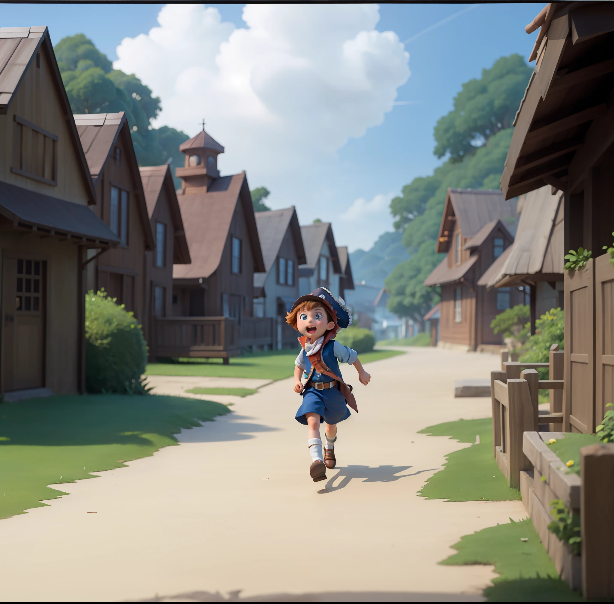 There's a kid with a pirate hat running around the village