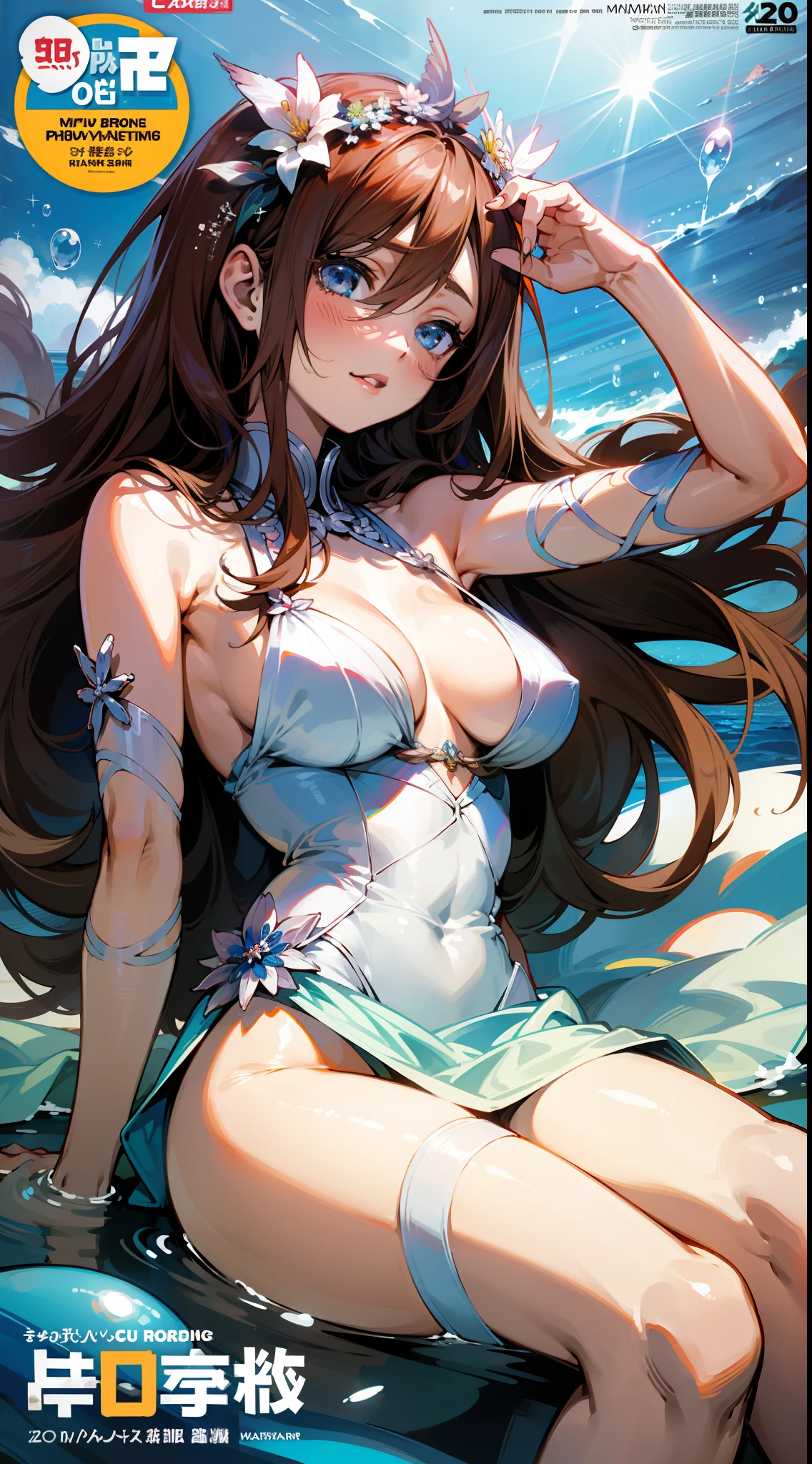 nakano miku,Slim,Brown hair,Fleshy thighs,Superskirt,white wedding gown,Masterpiece,Brilliant sunshine,Ocean park,Comic cover style,Comic title,tmasterpiece, High- sharpness, high high quality, 详细的脸, detailed body render, Dark lips