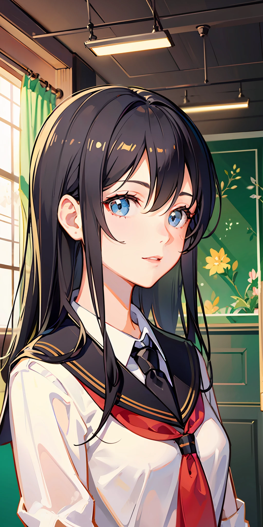 1girl, black hair, school uniform, indoors, glowing, sidelighting, wallpaper,