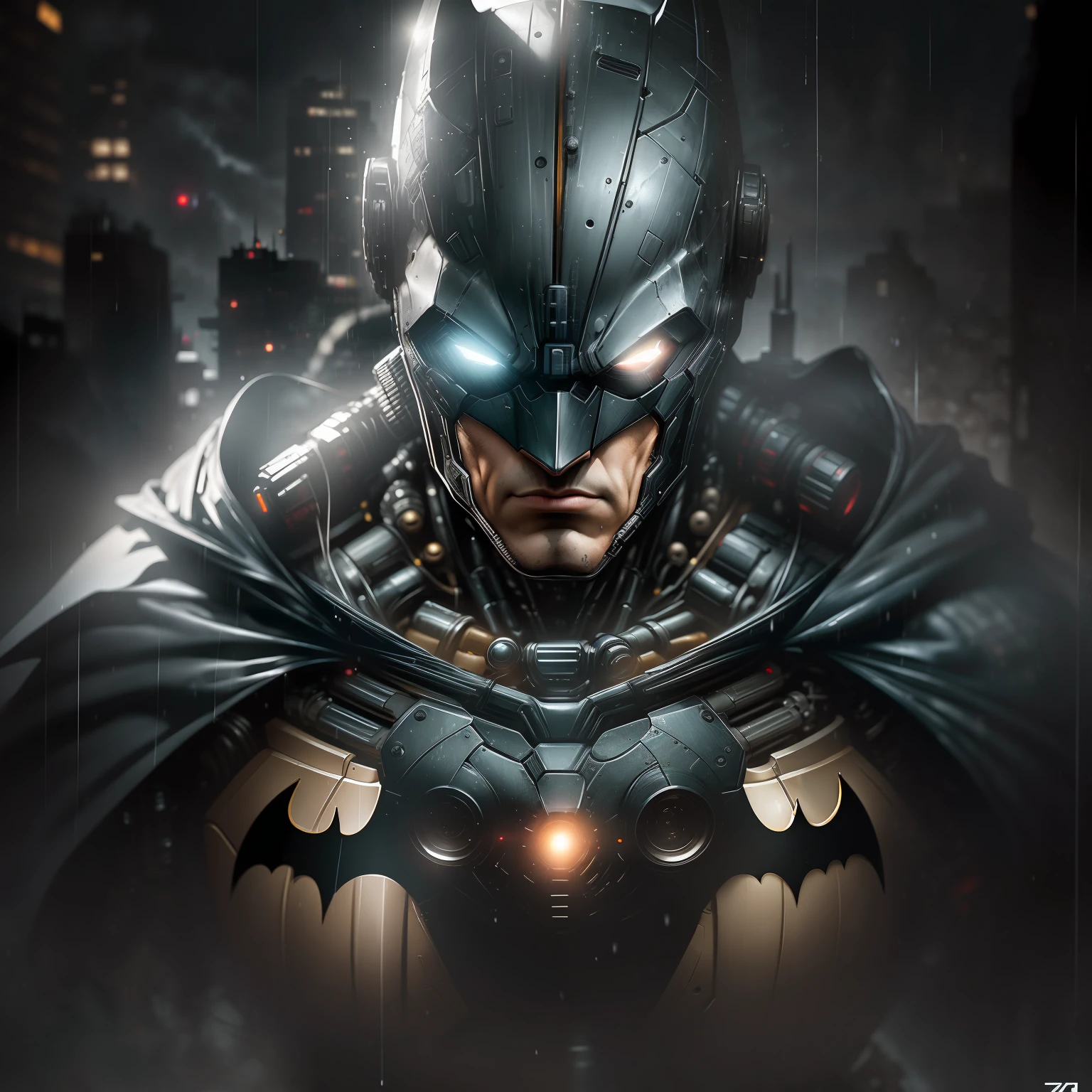 Batman from DC in the rain photography, biomechanical, complex robot, full growth, hyper-realistic, insane small details, extremely clean lines, cyberpunk aesthetic, masterpiece featured on Zbrush Central