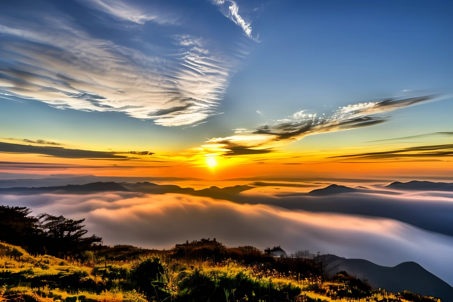 sunraise，Yunxia，Mountains，Real Scene、Golden、Beautiful，large scene，No Man，Burning clouds，Sea of Clouds，overlooks，The sea of clouds is shining with brilliance