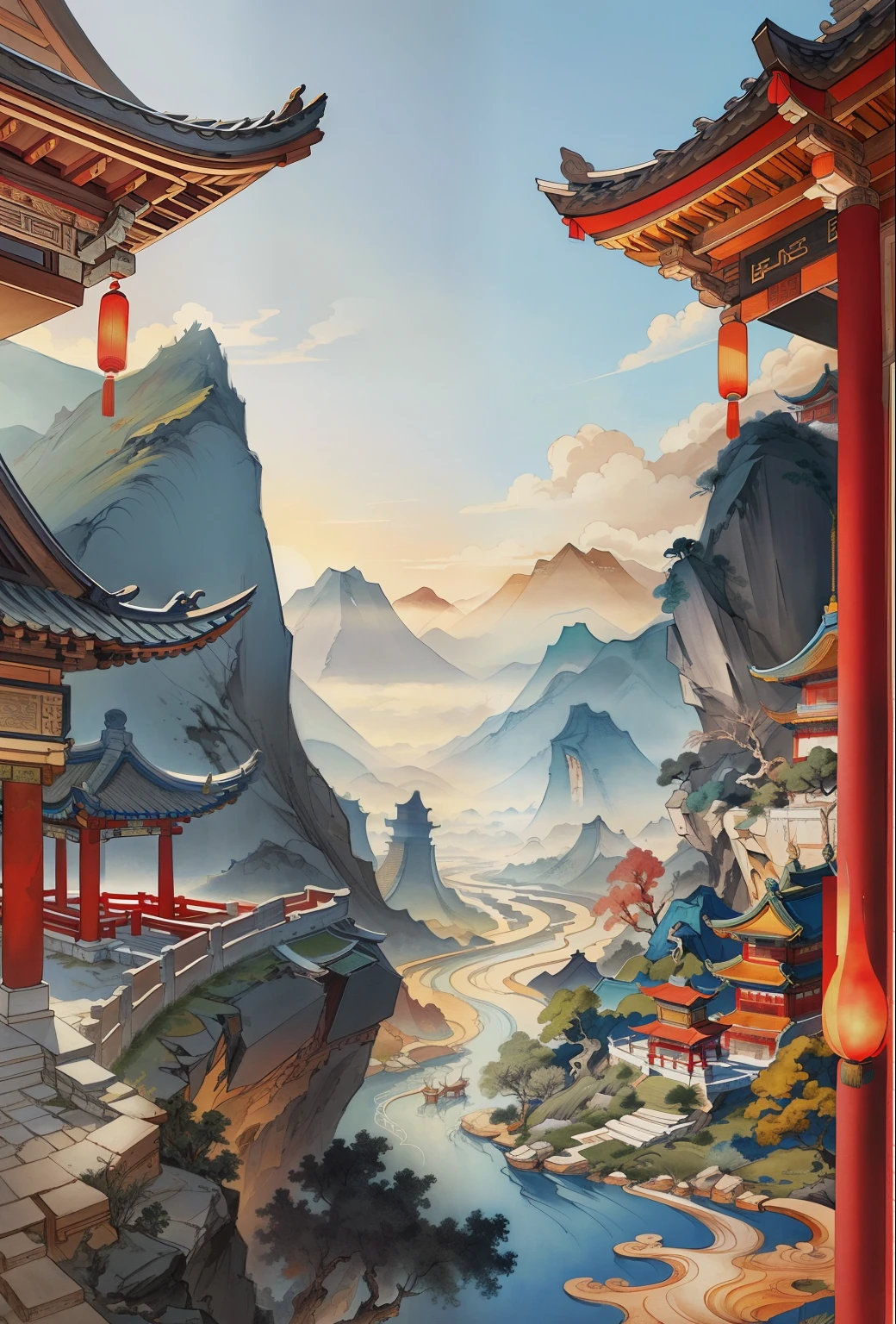 Ancient Chinese landscapes, ancient buildings, pavilions, carved beams and painted buildings, beautiful mountains and rivers, inspired by Jin Yong martial arts, sunlight, ink painting style, clean colors, decisive cutting, blank space, freehand, masterpiece, super detailed, epic composition, high quality , highest quality, pixar style, oversaturated, surreal, artgerm --v 6