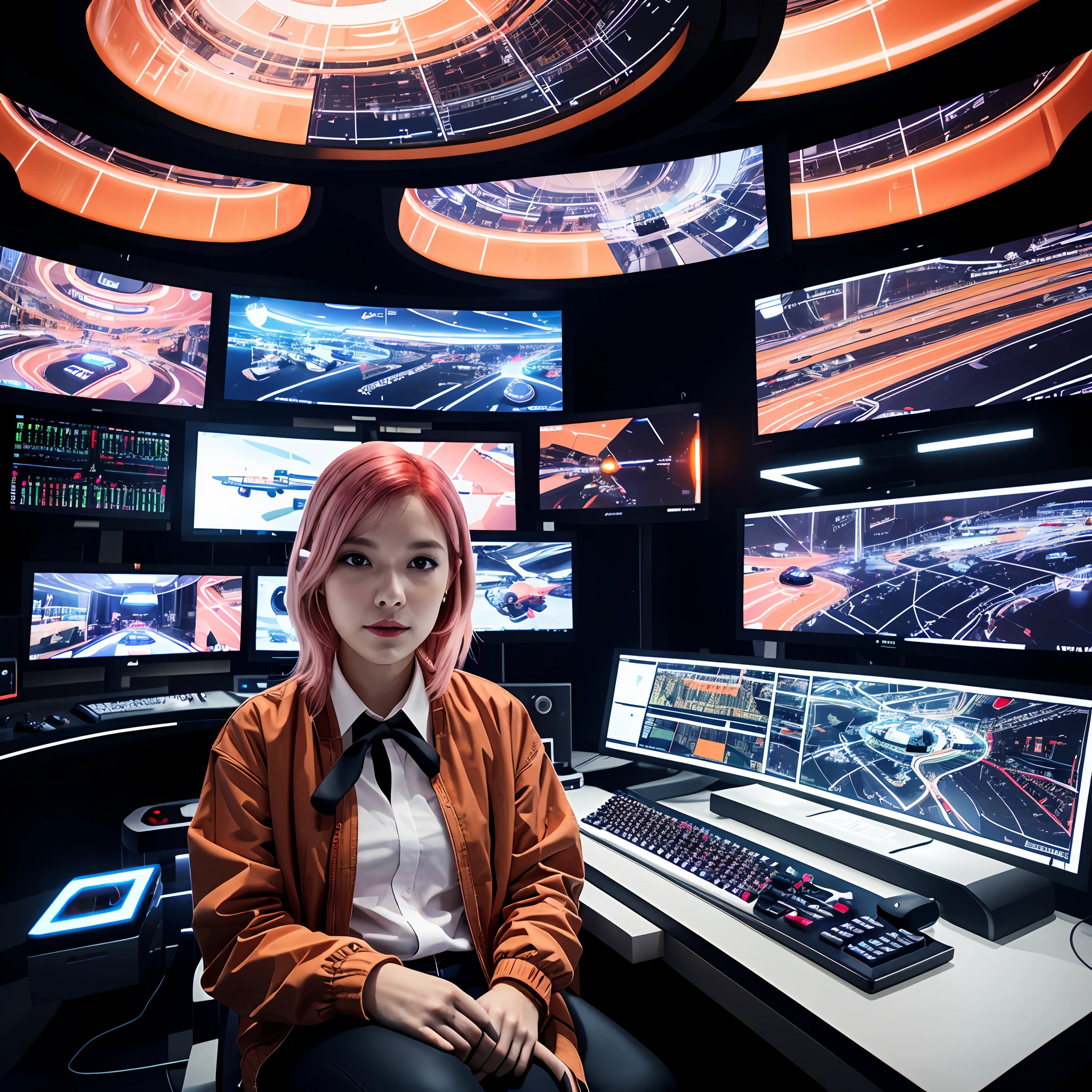 This is a digitally illustrated image of a person with pink hair and a face that has been blurred out. The person is wearing a brown jacket with orange and pink accents and a white shirt with a black tie. They are sitting in a futuristic control room with multiple computer monitors and keyboards. The background consists of a spaceship interior with a red robot in the background. The image has a sci-fi theme. --auto