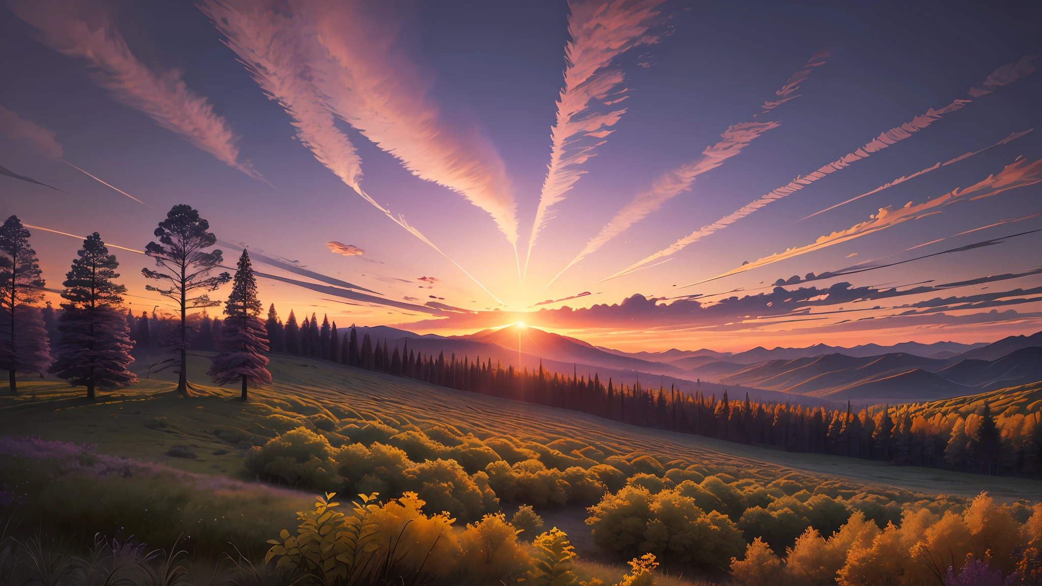 fantasy landscape purple sky, sunset, yellow forest --auto --s2