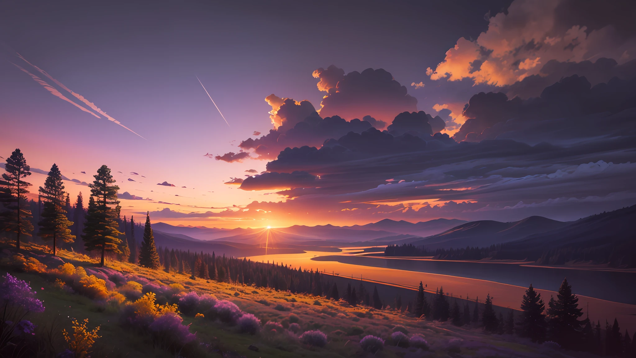 fantasy landscape purple sky, sunset, yellow forest --auto --s2