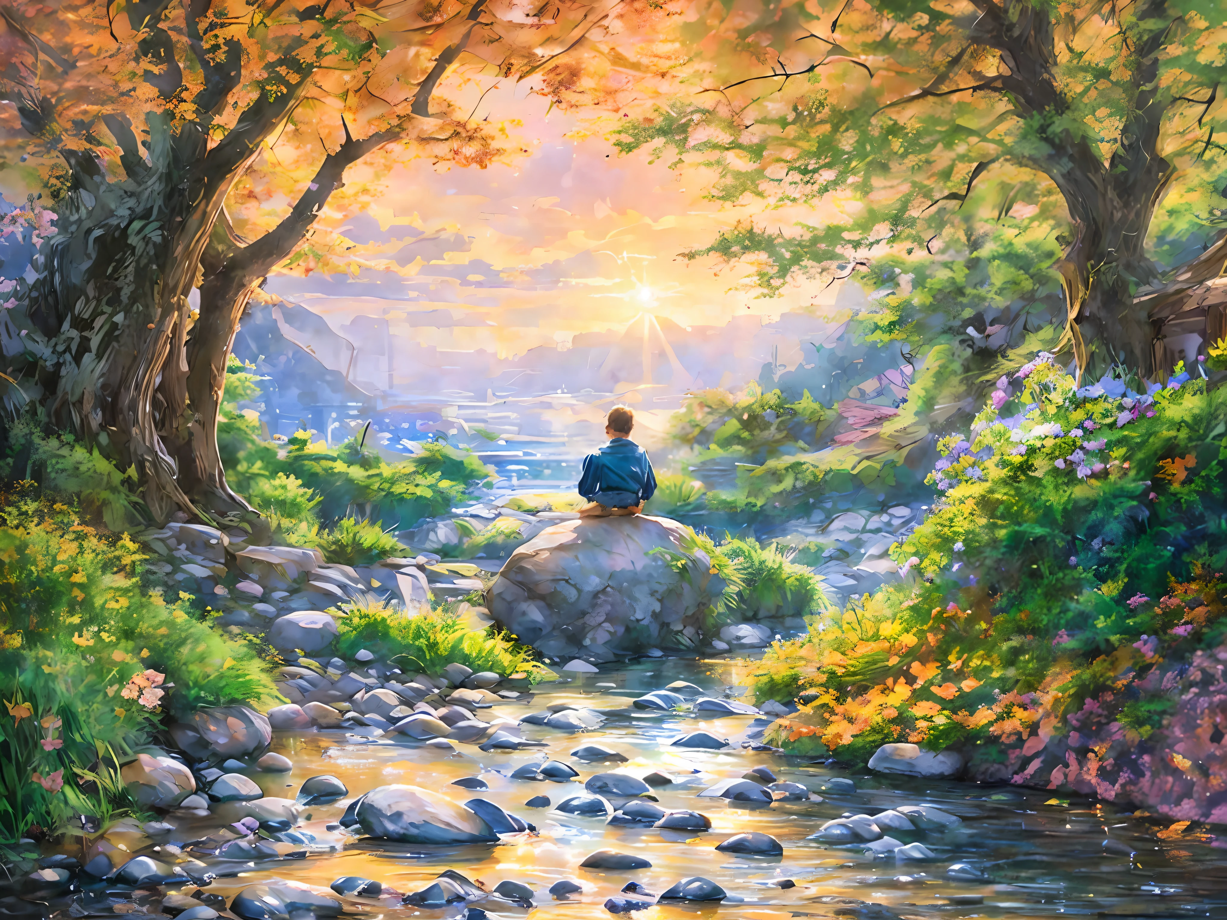 painting of a person sitting on a rock in a river, inspired by mark keathley, in a serene landscape, inspired by Christophe Vacher, rob mcnaughton, amidst nature, radiant morning light, sitting near a river, serene expression, peaceful environment, peaceful scene, peaceful landscape, peaceful expression, by mark keathley, meditating, serene environment, meditation