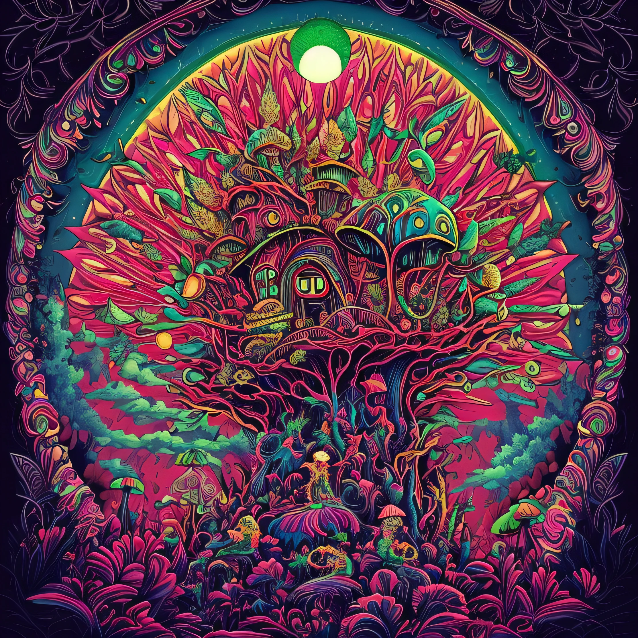a mushroom head standing on a hill with a bunch of mushrooms with cannabis leaves and a sky composed of mandalas, Arte Trippy, psychedelic mushrooms dream, psychedelic illustration, cogumelo trippy, psychedelic trip, psychedelic acid trip, psychedelics, psychedelic mushrooms, just take a pinch of psychedelic, psychedelic style, Dan Mumford e Alex Grey Estilo, psychotropic psychedelic, psychedelic art style, psychedelic artwork, psychedelic surreal art, psychedelic aesthetic, folhas de cannababis no jardim, and the sky composed of mandalas