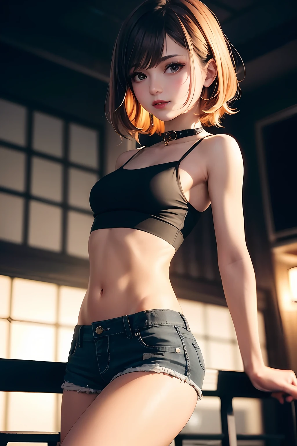 nsfw, 8K raw photo, Best quality, masterpiece, ultra high res, film grain, filmg, 1girl, looking at viewer, natural skin texture, realistic eye and face details, full lips, lipstick, (makeup), red eyeshadow, fluffy short hair, messy hair, smile, close mouth, beautiful legs, tall female, skinny, slim_legs, solo, enormous breast, cleavage, Pose with buttocks facing you, ultra short skirt, ass, shirt, beautiful nature location, around flower location, (detailed background), plaid skirt, white shirt, enormous breast, cleavage, Show a little cleavage through the shirt, loafers, blurry background, blurry, holding, plaid, short sleeves, jk ribbon on the neck, jk ribbon, brown hair, bracelet, water, bangs, school uniform, jewelry, parted lips, lips, from side, pleated skirt, depth of field