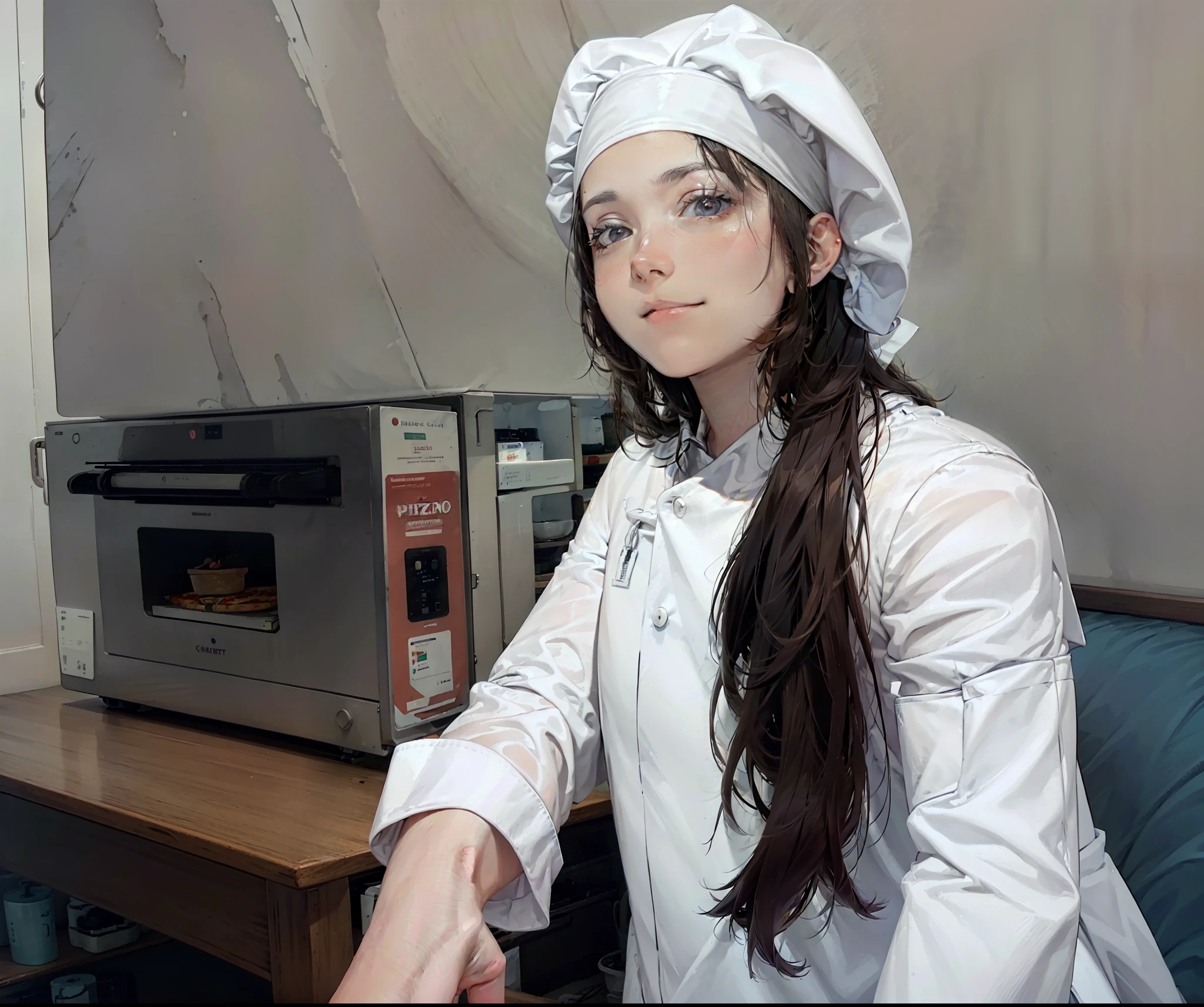 There's a woman standing in a kitchen wearing a chef's hat, White dolman, Like a pizzeria chef with a slight smile on his face with his hands folded.