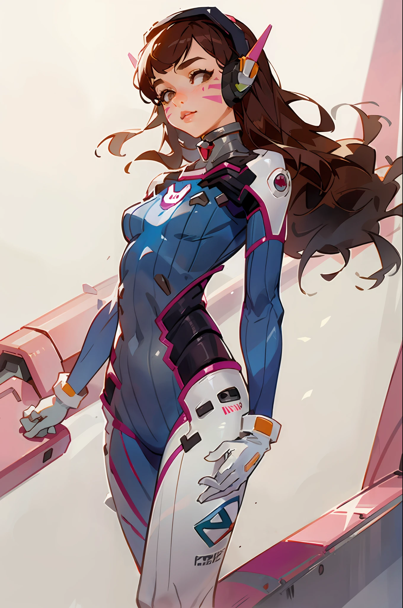 masterpiece, best quality,1girl, d.va (overwatch), solo, long hair, whisker markings, bodysuit, brown hair, facial mark, gloves, breasts, brown eyes, pilot suit, cowboy shot, headphones, white gloves, medium breasts, swept bangs, skin tight, animal print, bangs, bunny print, ribbed bodysuit, facepaint, pink lips,(grey background:1.2),simple background, (kbxll:0.6)