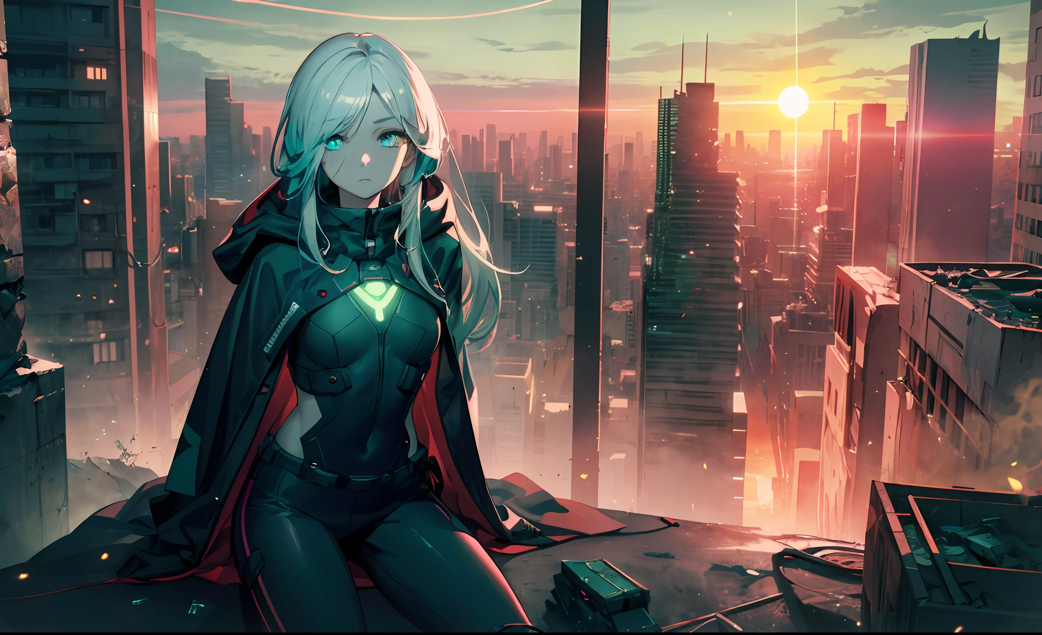 Smoke, (war:1.5), postapocalypse, Planets in the sky, ((Dark green sunset:1.3)), (Green sky:1.2), green light, The ruined backdrop of the city, ((spaceship in the sky)), science-fiction, (shapely body: 1.4), a 1girl, sitting on the rubble of a building, (Long white hair:1.4), (Cyan eyes:1.2), (Detailed eyes and face:1.5), Black pants, black big sweatshirt, hood, Cyberpunk clothes, (clothes in black and white colors), black cloak, city   of the future, Sad look, (bruises under the eyes, calm face), Destroyed skyscrapers, Wire, HDR (High Dynamic Range), ray traced, NVIDIA RTX, Over-resolution, Unreal 5, sub-surface Scattering, текстурирование PBR, postprocessed, Anisotropic filtering, Depth of field, Maximum clarity and sharpness, Multi-layer Textures, Albedo and specular maps, Surface shading,  Accurate Light-Material Interaction Simulation, Octane rendering, duotone lighting, Low ISO, White balance, the rule of thirds, Wide aperture, 8K RAW, efficient sub-pixel, sub-pixel convolution, (luminescent particles: 1.4), {{tmasterpiece, beste-Qualit, extremely detailed CGI, Unity 8k壁纸, 3d, 电影灯光, lens flares}},