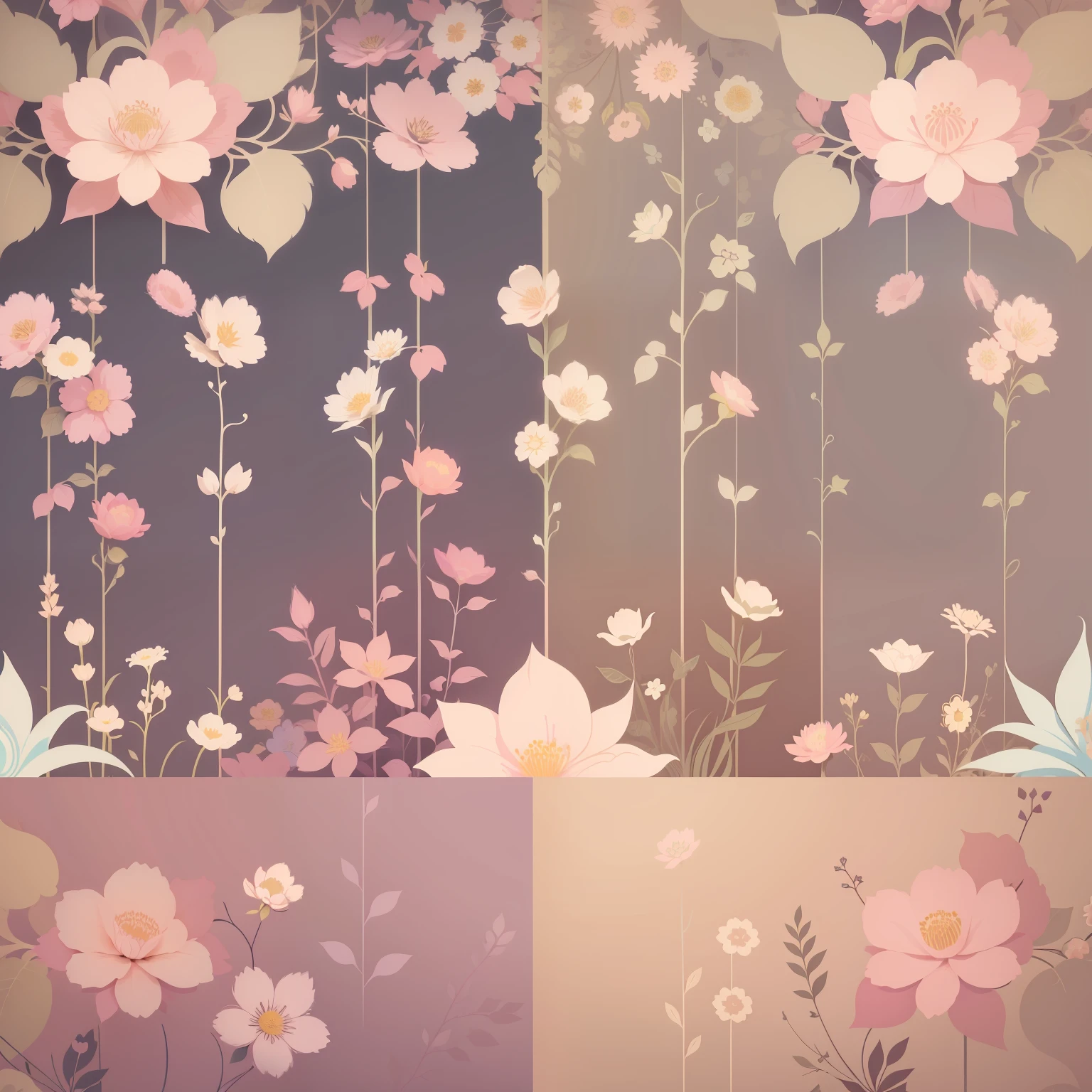 Flat style wallpaper, Vector style floral vine pattern pastel shades (Includes Old Pink), Pastel blue, light blue, beige, Soft Purple, Soft yellow and white with no distinct shadows.