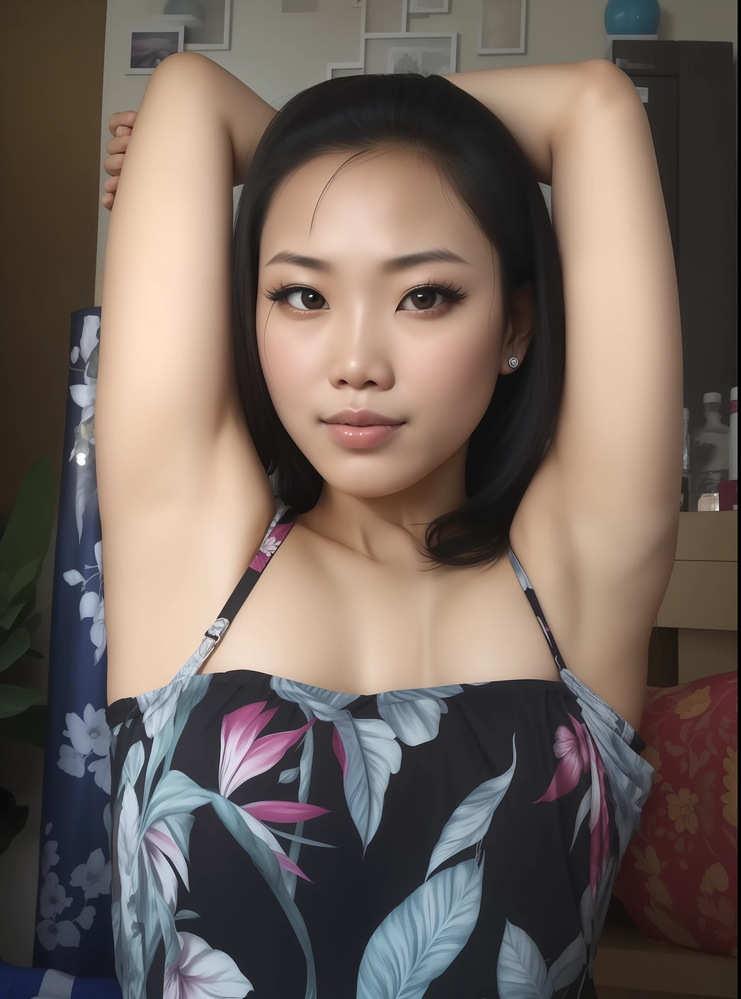 sexy exotic indonesian woman with arms strechcing and armpits exposed above her head.