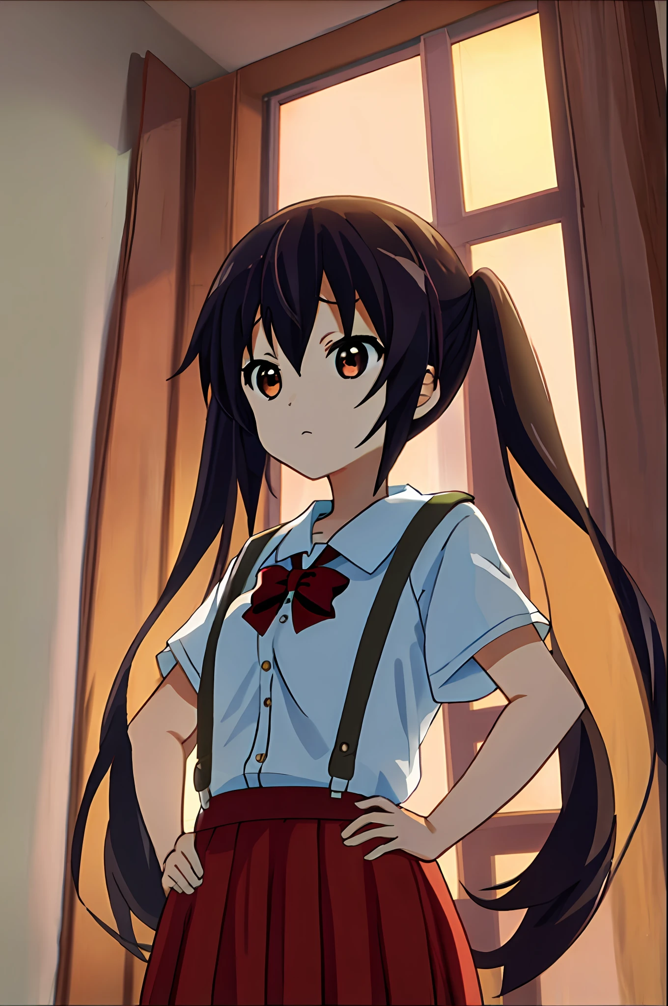 1girl in, (((masterpiece))), top-quality, top-quality, high details, nakano azusa, 1girl in, Sakuragaoka High School Uniform, student clothes, Twin-tailed, length hair, A dark-haired, Brown-eyed, 独奏, reddish, Dark blue blazer with thin red ribbon, Solid white buttoned shirt under blazer, illustratio, comic strip, Soothing tones, Subdued Color, Soft cinematic light, adobe lightroom, Photolab, nffsw, intricately and hyper-detailed、(((depth of fields))))。(((masterpiece)))。(((top-quality))).)((ultra-detailliert)))。(((illustratio)))。((put hands on the hip)).((up chest)).((Medium chest)).a room.in a house.Despair face.natta.
