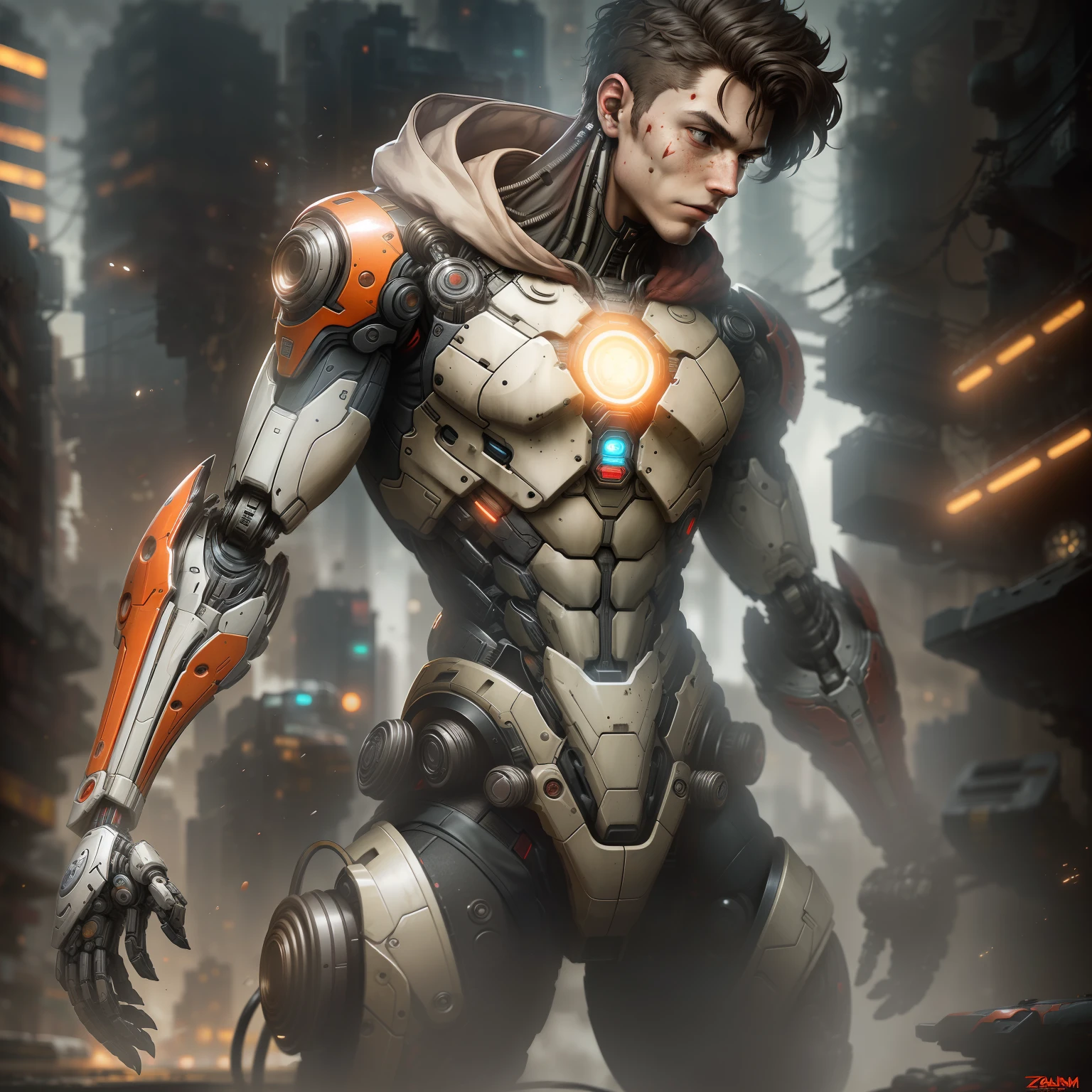 Robin: Jason Todd from DC Comics 13 year old boy photography, biomechanical, complex robot, full growth, hyper-realistic, insane small details, extremely clean lines, cyberpunk aesthetic, masterpiece featured on Zbrush Central