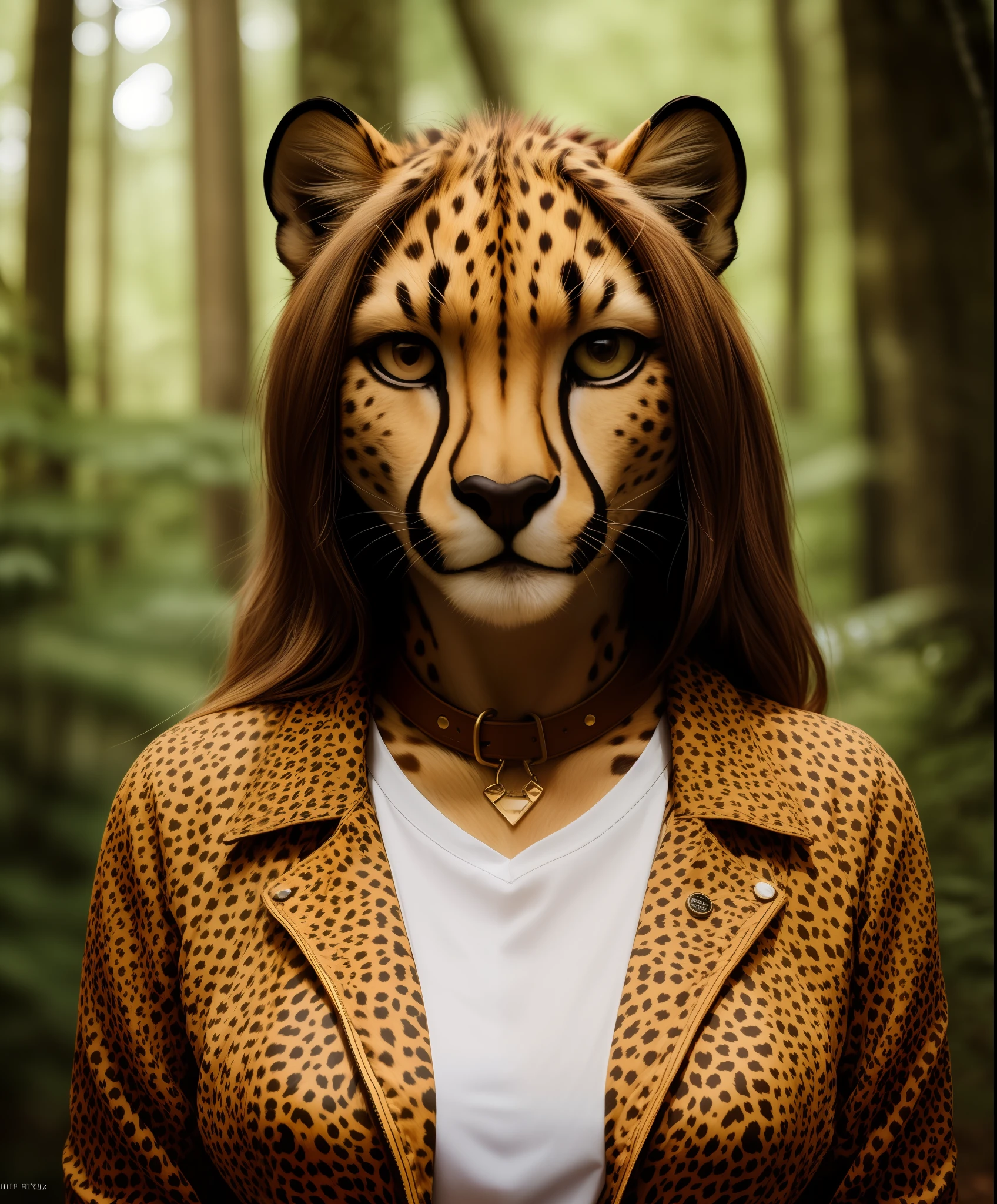 RAW photo, a portrait photo of (anthro cheetah woman), traveler clothes, standing in the forest, natural fur, 8k uhd, high quality, film grain, Fujifilm XT3