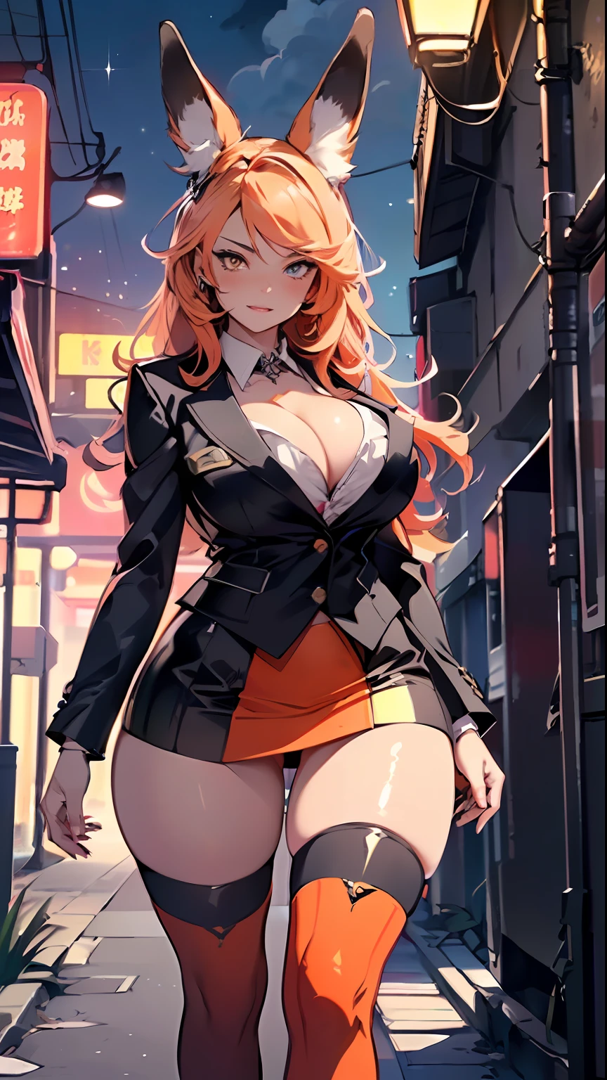 cute bunny girl,(((1girl))),((anime bunny girl with extremely cute and beautiful orange hair walking seductively down the street)),(((bunny girl,anthro furry cute,bunny-girl))),(((bunny ears,bunny ears on head,big bunny ears))),
(large breasts:1.4),saggy breasts,(((red orange:1.35,colored inner hair,ear breathing,large hair))),((heterochromia, eye1 red, eye2 orange, perfect eyes, upturned eyes:1.3, beautiful detailed eyes, finely detailed beautiful eyes:1, big highlight on eyes:1.2, slanted eyes)), ((fat)),(((lustrous skin:1.5,bright skin: 1.5,skin tanned,shiny skin,very shiny skin,shiny body,plastic glitter skin,exaggerated shiny skin))),(spider lower abdomen,narrow waist,wide hip,athletic body,inflated legs,delicate detailed fingers,detailed body,detailed arms,human hands, detailed hands),
cute,slutty,seductive,erotic,nsfw,
(((wearing dark red formal blazer, short skirt,))), (((huge cleavage))), (detailed outfit,detailed clothes),
(dynamic pose:1.0), solo focus, embarrassed, centered, scale to fit dimensions, Rule of thirds,
outdoors, ((night view)), (cyberpunk night street Background: 1.5,dark sky,alleyway,lonely alley,thick clouds, detailed background:1.25),
(best quality), (high resolution), (sharp focus), (ultra detailed), (extremely detailed), (extremely high quality artwork), 8k_wallpaper, (extremely detailed CG 8k),(very fine 8K CG), ((hyper super ultra detailed perfect piece)), flawless, (((masterpiece))), illustration, vibrant colors, (intricate), High contrast, Selective lighting, Double exposure, HDR (High Dynamic Range), Post-processing, Background blur,