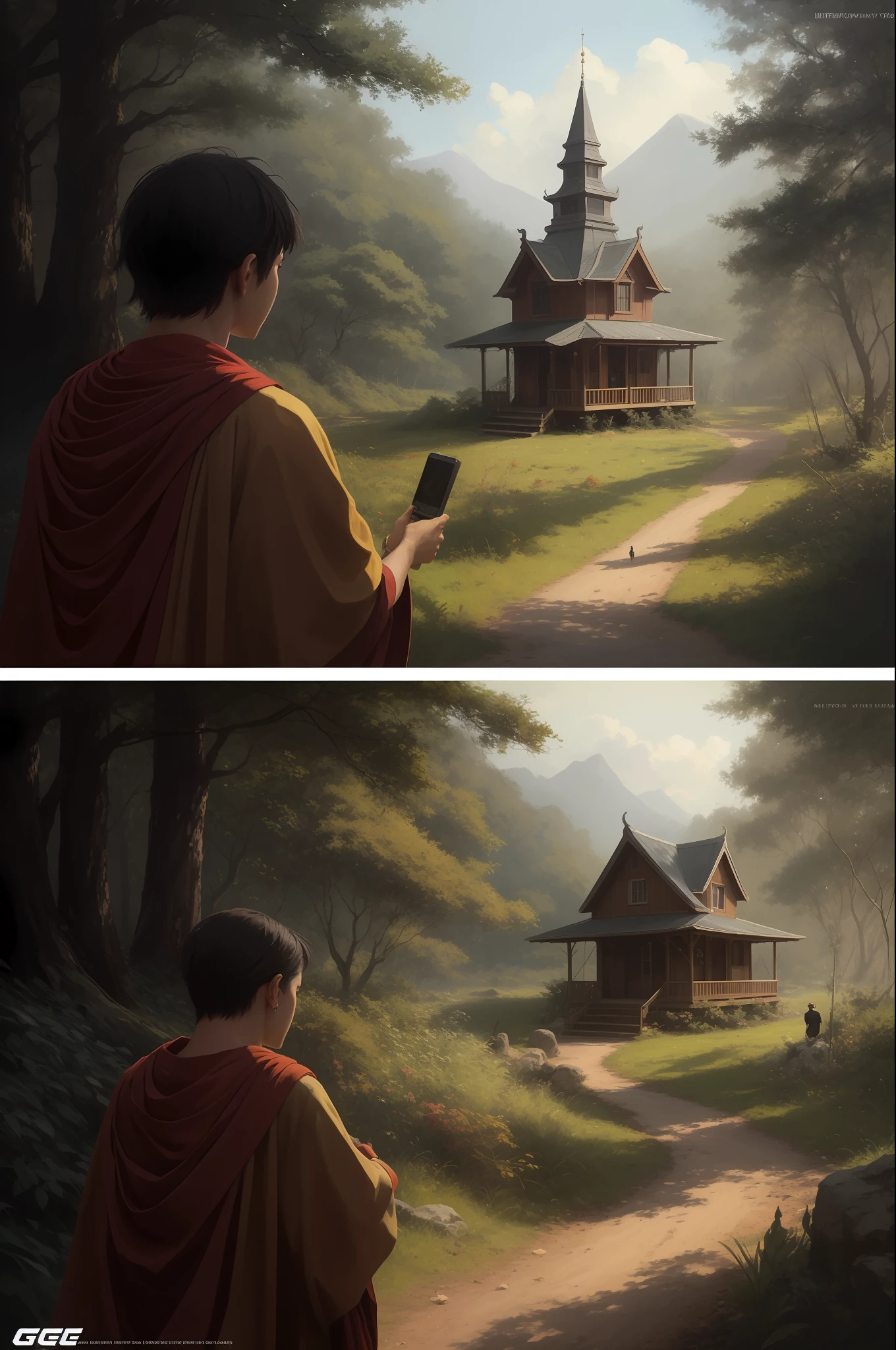 a monk is talking to a man, vestindo um manto real , The temple is in the forest, foto crua, foto surreal, motor irreal 4, 8k, Super sharp, cores detalhadas, ampla cobertura de cores, detalhe de cena extremo, sombreamento, anti-aliasing, Anti-aliasing error details, foto bruta, imagem surreal, motor irreal 4, 8k, Super sharp, cores detalhadas, ampla cobertura de cores, detalhes de cena extremamente altos, sombreamento, anti-aliasing, Anti-aliasing error details, foto bruta, foto surreal, motor irreal 4.8k, Super sharp, cor detalhada, ampla cobertura de cores, detalhe de cena objeto extremamente alto, (8k, foto RAW, melhor qualidade, obra-prima: 1.2), (realista, foto-realista: 1.37), estilo modelshoot, (extremamente detalhado CG unidade 8k papel de parede), Professional Majestic Oil Painting by Ed Blinkey, Atey Ghailan, Studio Ghibli, por Jeremy Mann, Greg Manchess, Antonio Moro, trending on ArtStation, trending on CGSociety, Intricate, High Detail, Sharp focus, dramatic, photorealistic painting art by midjourney e greg rutkowski, scene detail extreme objects, shading, anti-aliasing, error detail smoothing