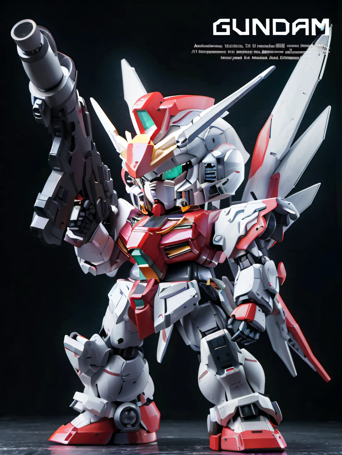 Close-up of a toy gun，There are guns on it, gundam, GUNPLA, style as nendoroid, nendoroid, Nendoroid 3D, Mobile Suit, on a gundam, Gundam armor, gundam style, Gundam Robot, gundam is windmill shaped, high detail shot, toy photo, Mobile Suit Gundam, Clear detail, nendroid