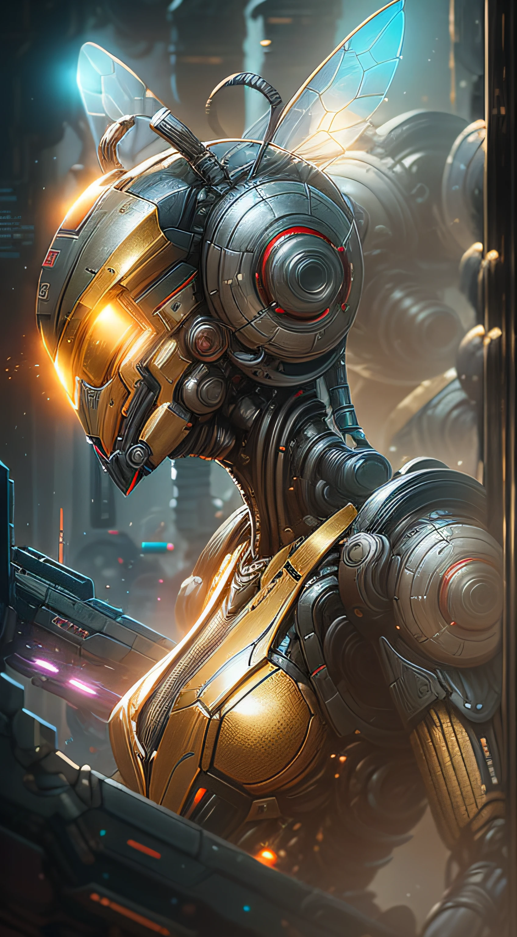 The Wasp from Marvel photography, biomechanical, complex robot, full growth, hyper-realistic, insane small details, extremely clean lines, cyberpunk aesthetic, a masterpiece presented at Zbrush Central