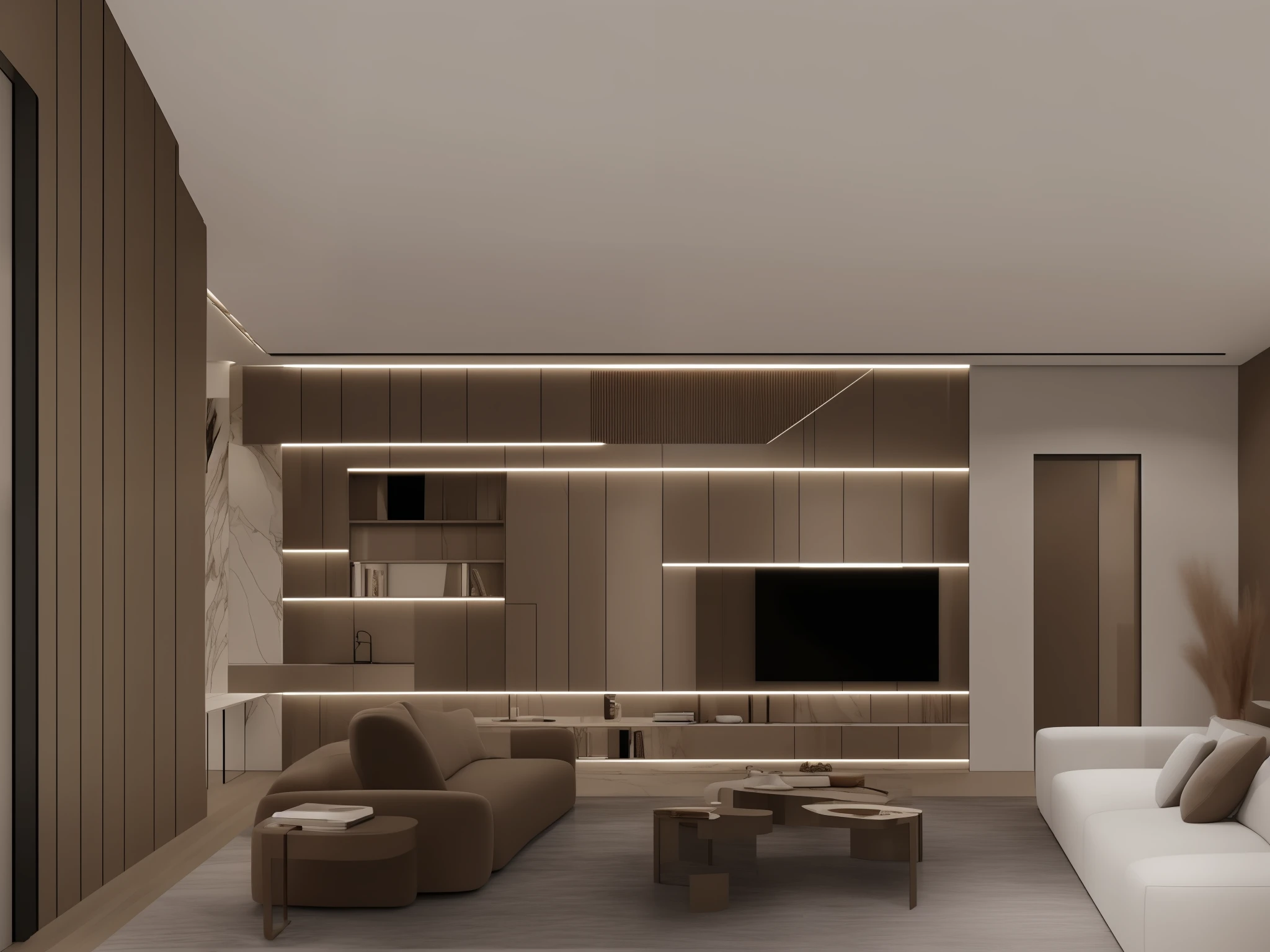 ((Best quality, 8k, Masterpiece: 1.3)), Modern luxury interior, living room, dark tone, detailed, wooden door, arm chair, large window, white curtain, marble coffee table,