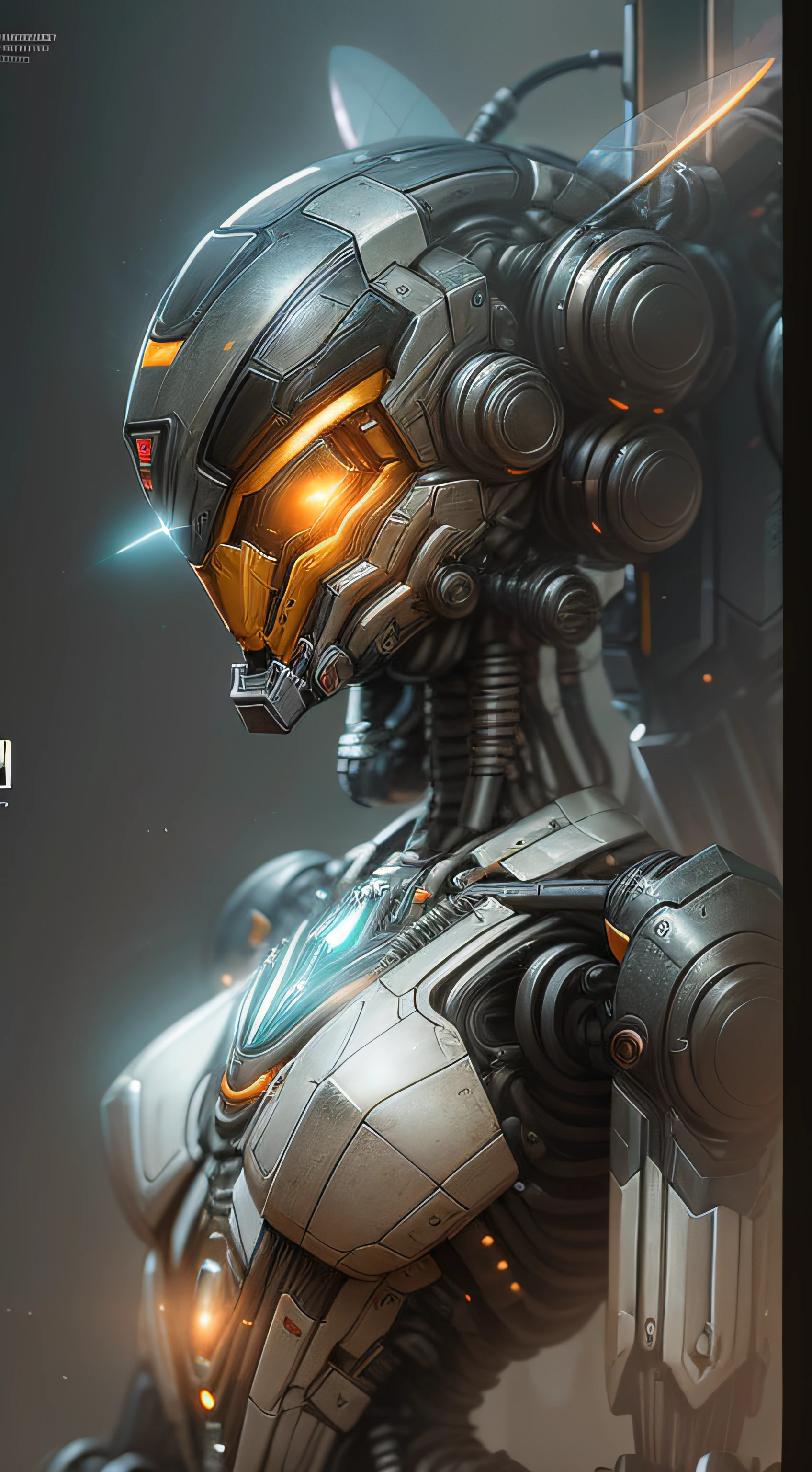 The Wasp from Marvel photography, biomechanical, complex robot, full growth, hyper-realistic, insane small details, extremely clean lines, cyberpunk aesthetic, a masterpiece presented at Zbrush Central