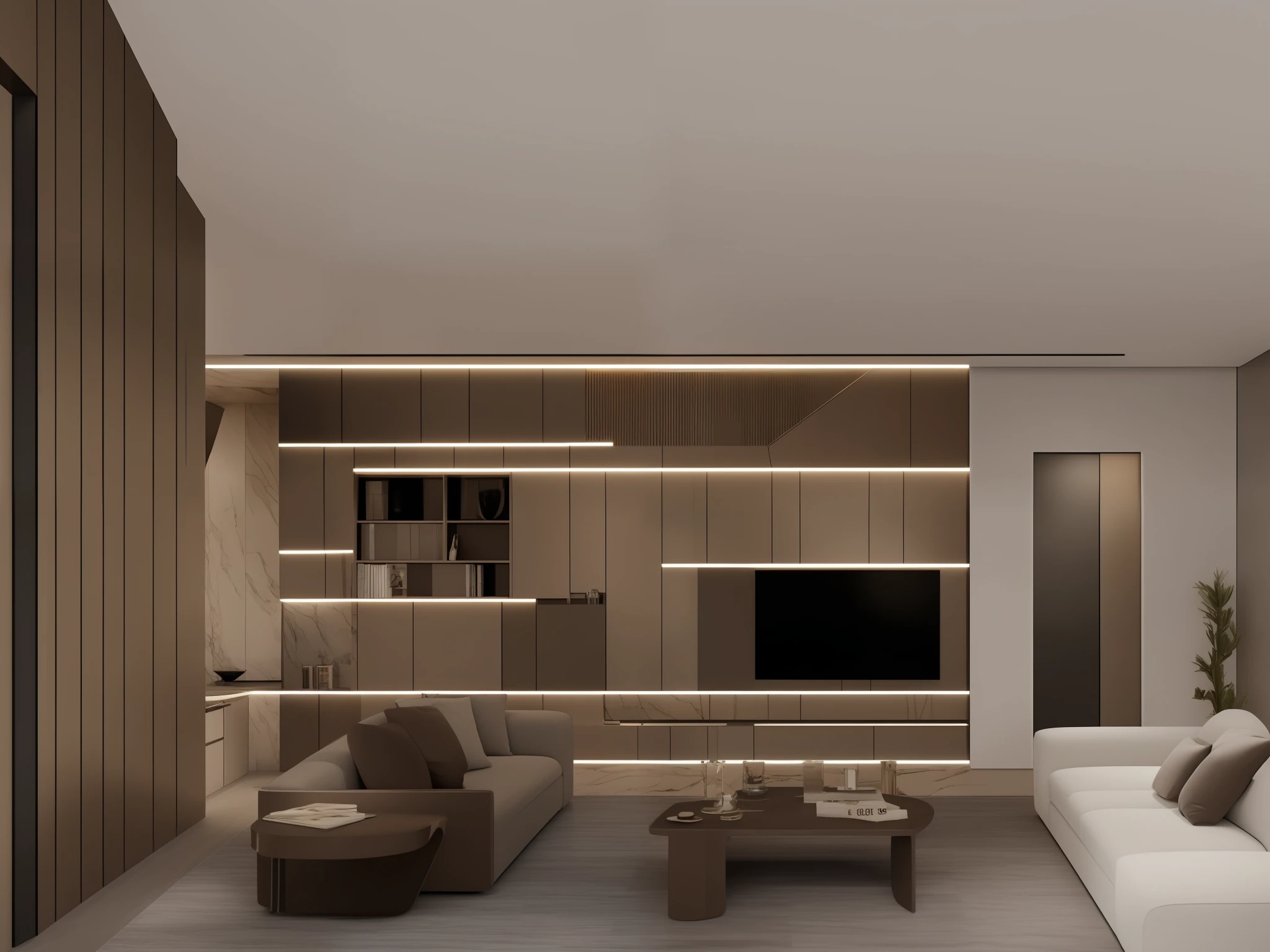 ((Best quality, 8k, Masterpiece: 1.3)), Modern luxury interior, living room, dark tone, detailed, wooden door, arm chair, large window, white curtain, marble coffee table,