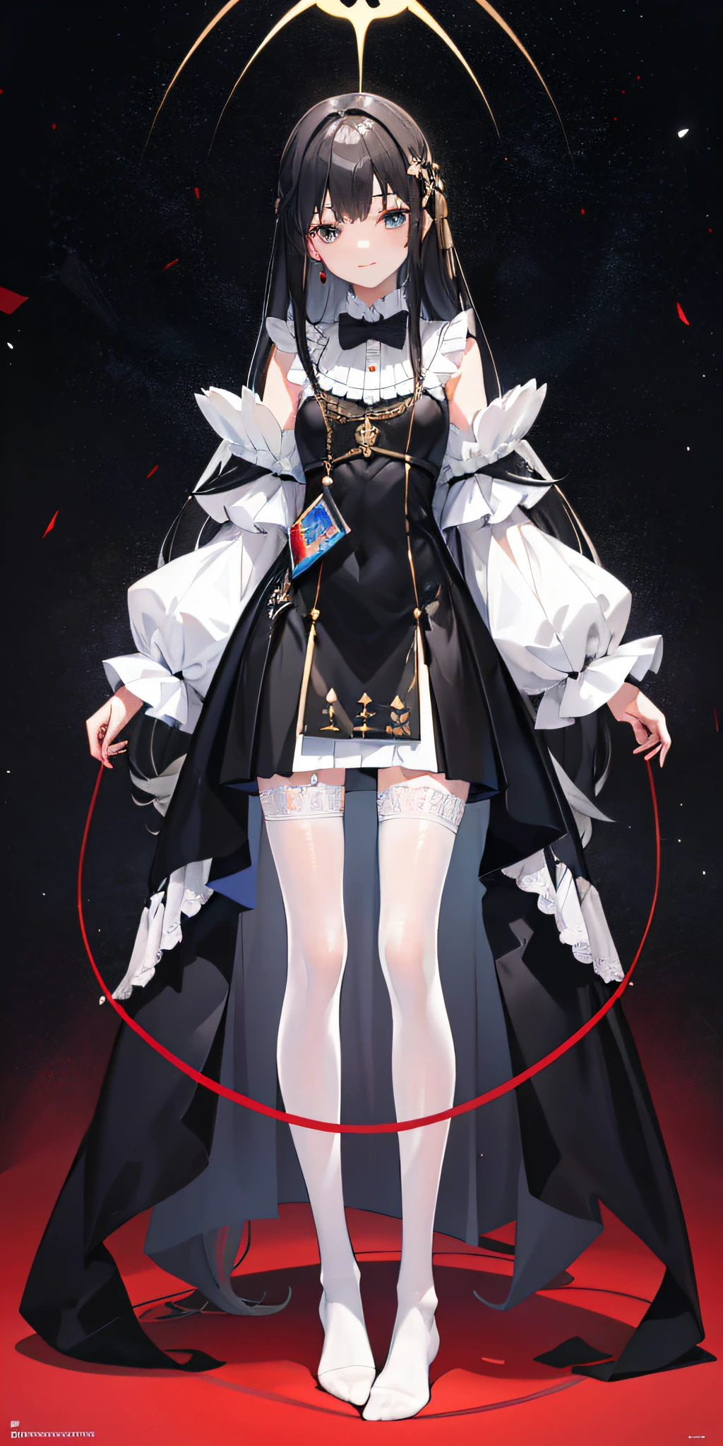 tmasterpiece,best qualityer,4K,1 girl,quadratic element,Royal Sister,Stand up,mature,black lence stockings,Chest medium size,Long legs,White skin,ssmile,Long black hair,No shoes,Thin leg