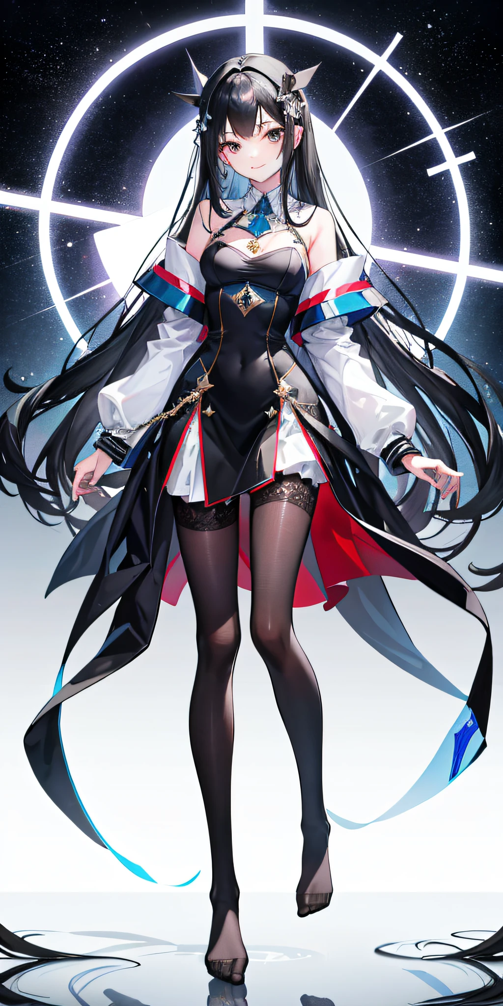 tmasterpiece,best qualityer,4K,1 girl,quadratic element,Royal Sister,Stand up,mature,black lence stockings,Chest medium size,Long legs,White skin,ssmile,Long black hair,No shoes,Thin leg