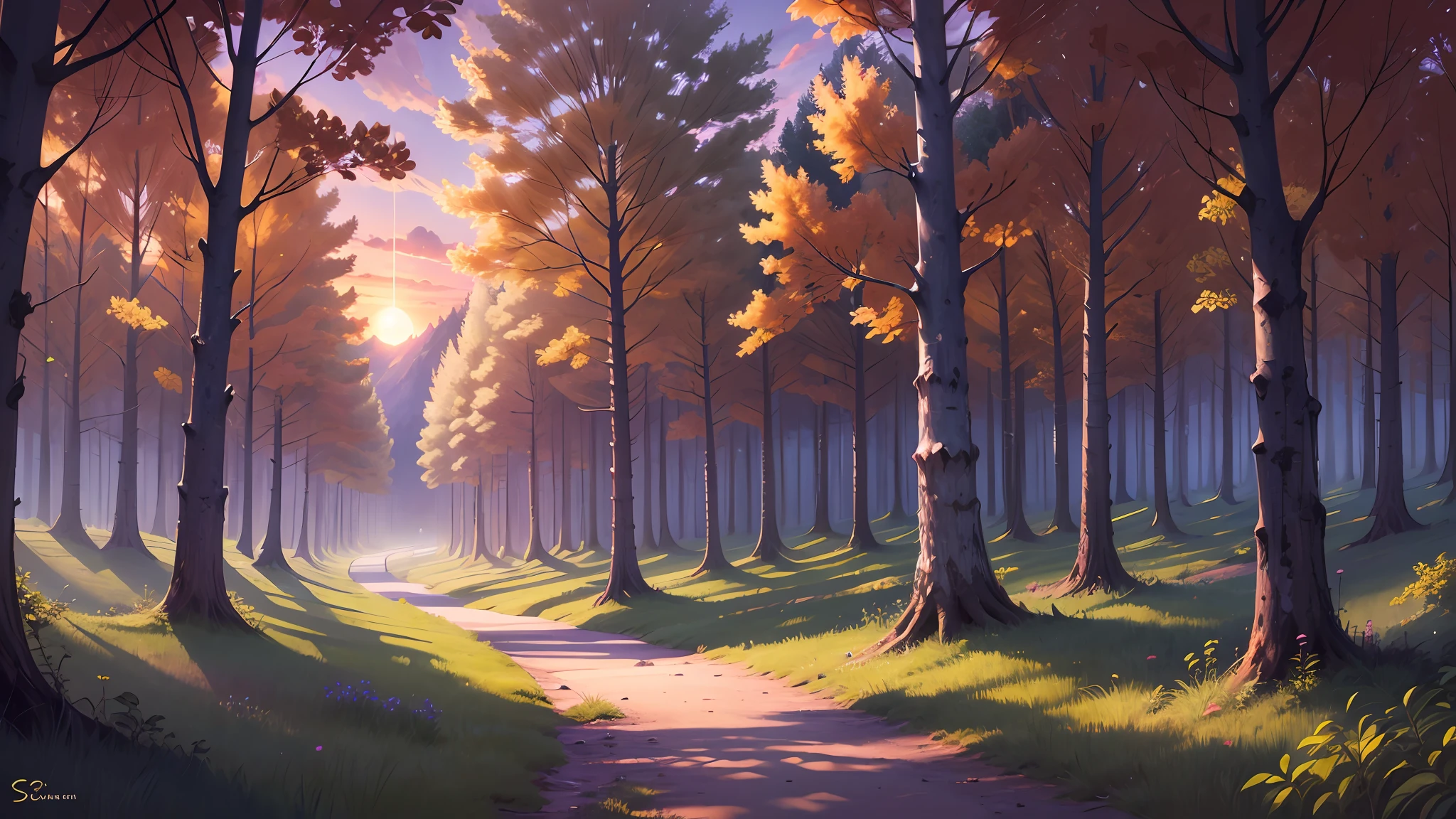 fantasy landscape purple sky, sunset, yellow forest, one panda --auto --s2