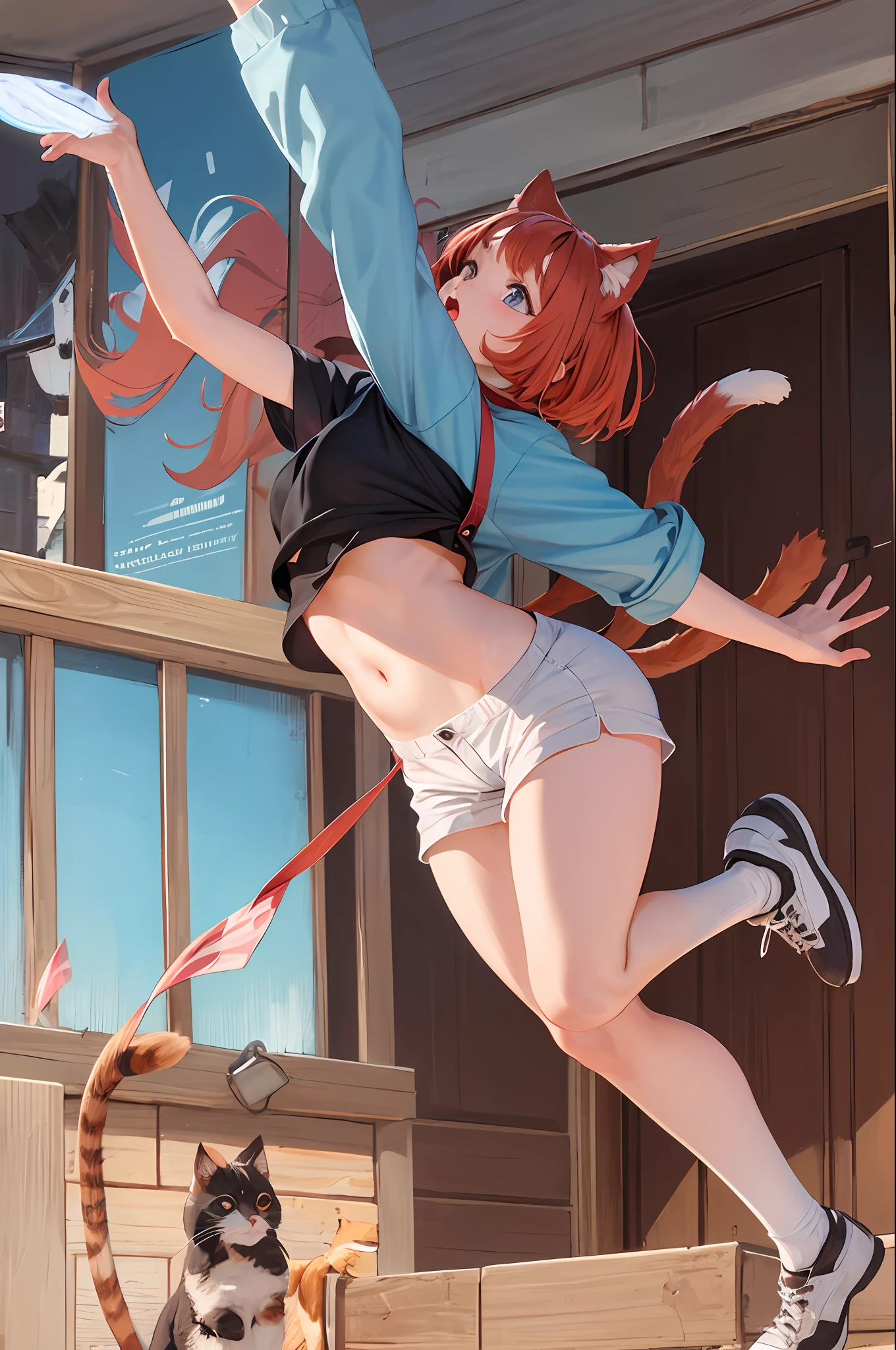 Hifh detail furry girl, with a loose top, red hair, shining cat eyes, a fluffy tail, dynamic pose, loose tiny and short clothes, small body, jumping