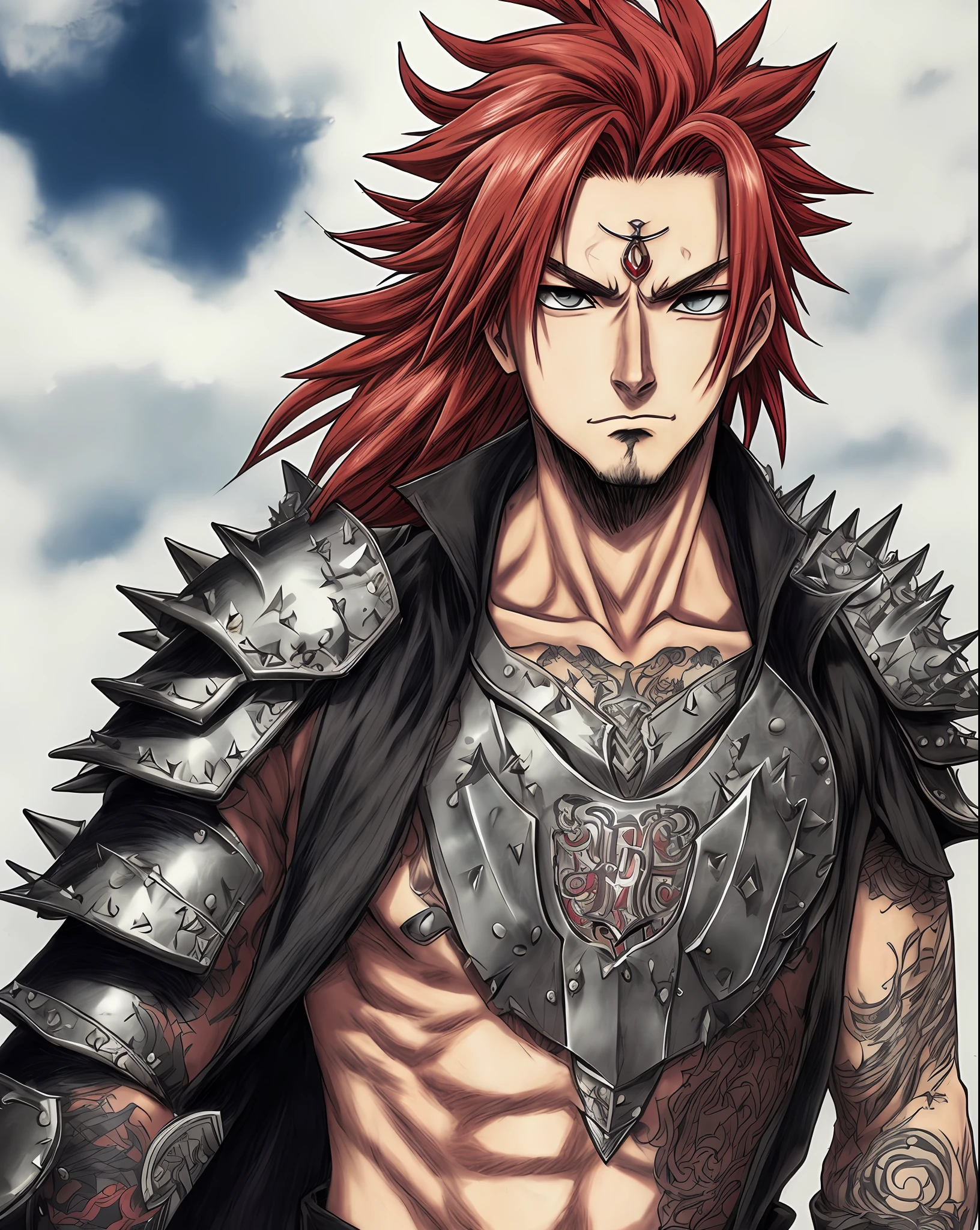 Cloud, Red_hair, thief, dark_fantasy, spikey_hair, tattoos, goatee, kishimoto, Leather_armor