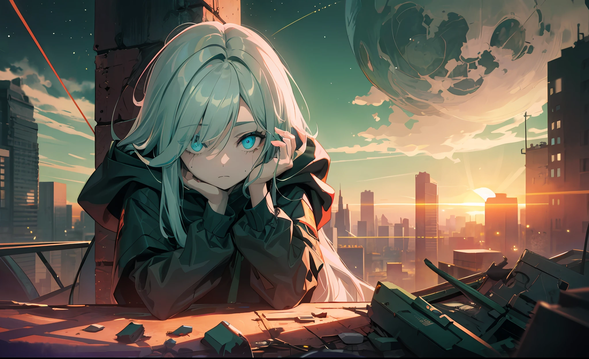 Smoke, (war:1.5), postapocalypse, ((Planets in the sky, Stars in the sky)), ((Dark green sunset:1.3)), (Green sky:1.2), green light, The ruined backdrop of the city, ((spaceship in the sky)), science-fiction, (shapely body: 1.4), a 1girl, sitting on the rubble of a building, (Long white hair:1.4), (Cyan eyes:1.2), (Detailed eyes and face:1.5), Black pants, black big sweatshirt, hood, Cyberpunk clothes, (clothes in black and white colors), black cloak, city   of the future, Sad look, (bruises under the eyes, calm face), Destroyed skyscrapers, Wire, HDR (High Dynamic Range), ray traced, NVIDIA RTX, Over-resolution, Unreal 5, sub-surface Scattering, текстурирование PBR, postprocessed, Anisotropic filtering, Depth of field, Maximum clarity and sharpness, Multi-layer Textures, Albedo and specular maps, Surface shading,  Accurate Light-Material Interaction Simulation, Octane rendering, duotone lighting, Low ISO, White balance, the rule of thirds, Wide aperture, 8K RAW, efficient sub-pixel, sub-pixel convolution, (luminescent particles: 1.4), {{tmasterpiece, beste-Qualit, extremely detailed CGI, Unity 8k壁纸, 3d, 电影灯光, lens flares}},