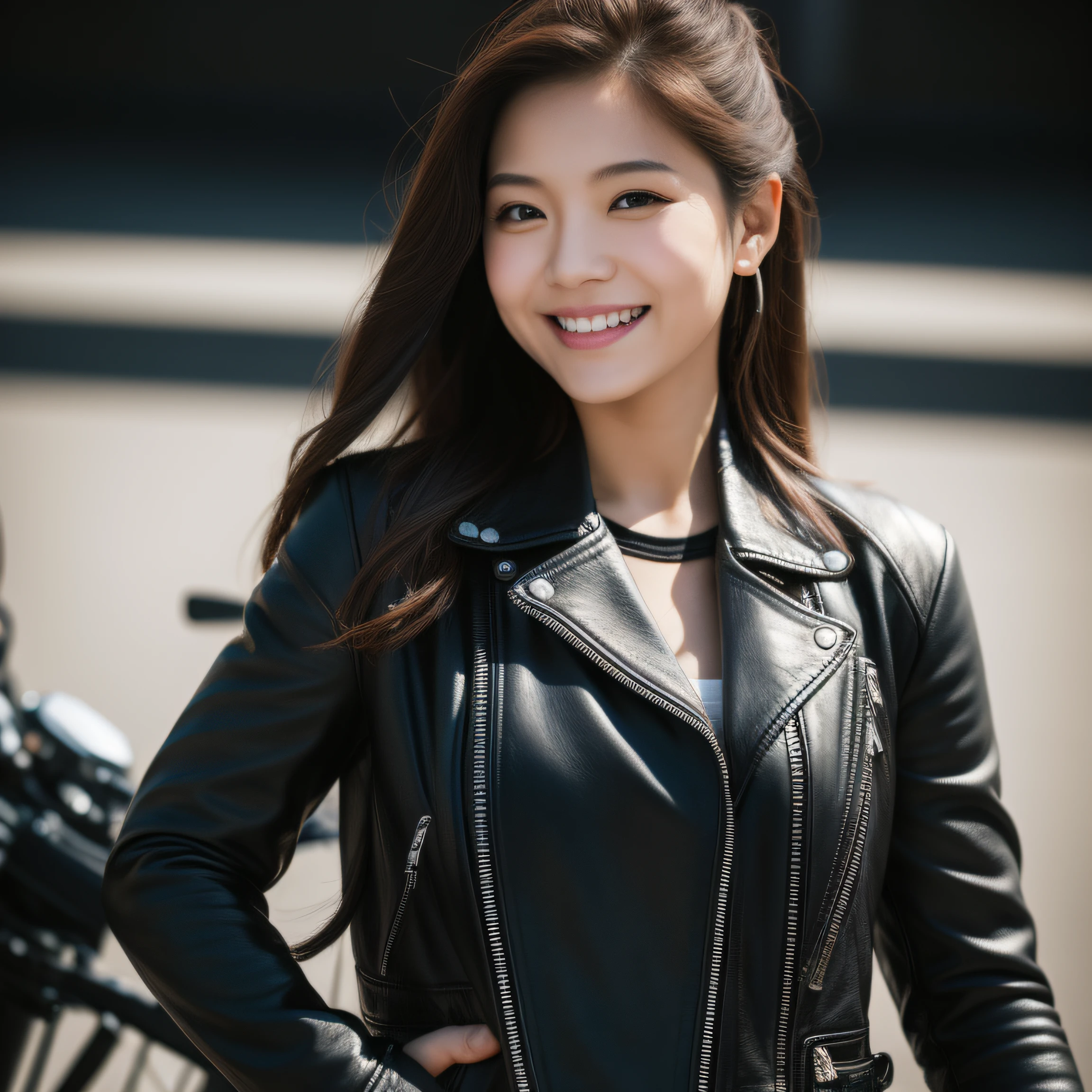 ultra-detailed, 1 girl, Asian, athletic body, realistic skin texture, long hair, (breasts:1.1), smile, gaze at viewer, motorcycle, leather jacket, cotton cropped T-shirt, no helmet, movie lighting, face focus, fine eyes, detailed face, well lit face, sunny day, motorcycles in background