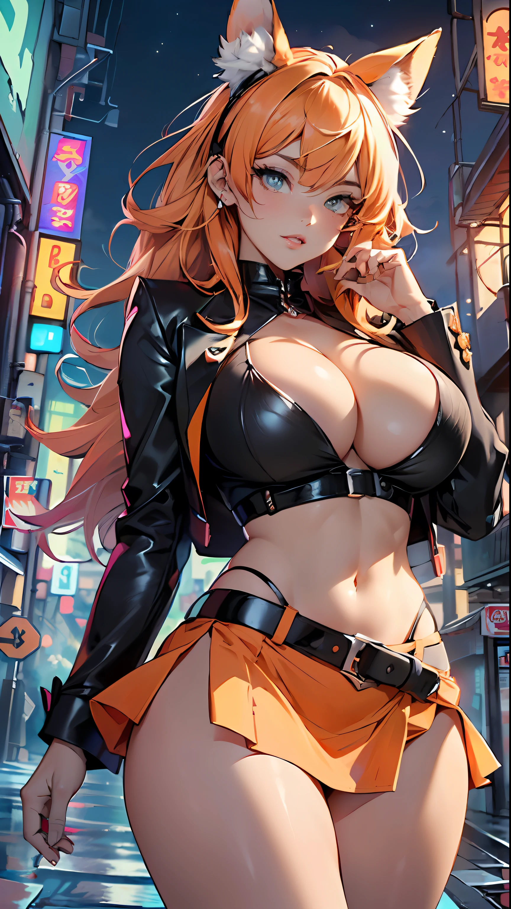 cute bunny girl,(((1girl))),((anime bunny girl with extremely cute and beautiful orange hair walking seductively down the street)),(((bunny girl,anthro furry cute,bunny-girl))),(((bunny ears,bunny ears on head,big bunny ears))),
(large breasts:1.4),saggy breasts,(((red orange:1.35,colored inner hair,ear breathing,large hair))),((heterochromia, eye1 red, eye2 orange, perfect eyes, upturned eyes:1.3, beautiful detailed eyes, finely detailed beautiful eyes:1, big highlight on eyes:1.2, slanted eyes)), ((fat)),(((lustrous skin:1.5,bright skin: 1.5,skin tanned,shiny skin,very shiny skin,shiny body,plastic glitter skin,exaggerated shiny skin))),(spider lower abdomen,narrow waist,wide hip,athletic body,inflated legs,delicate detailed fingers,detailed body,detailed arms,human hands, detailed hands),
cute,slutty,seductive,erotic,nsfw,
(((wearing dark red formal blazer, short skirt,))), (((huge cleavage))), (detailed outfit,detailed clothes),
(dynamic pose:1.0), solo focus, embarrassed, centered, scale to fit dimensions, Rule of thirds,
outdoors, ((night view)), (cyberpunk night street Background: 1.5,dark sky,alleyway,lonely alley,thick clouds, detailed background:1.25),
(best quality), (high resolution), (sharp focus), (ultra detailed), (extremely detailed), (extremely high quality artwork), 8k_wallpaper, (extremely detailed CG 8k),(very fine 8K CG), ((hyper super ultra detailed perfect piece)), flawless, (((masterpiece))), illustration, vibrant colors, (intricate), High contrast, Selective lighting, Double exposure, HDR (High Dynamic Range), Post-processing, Background blur,