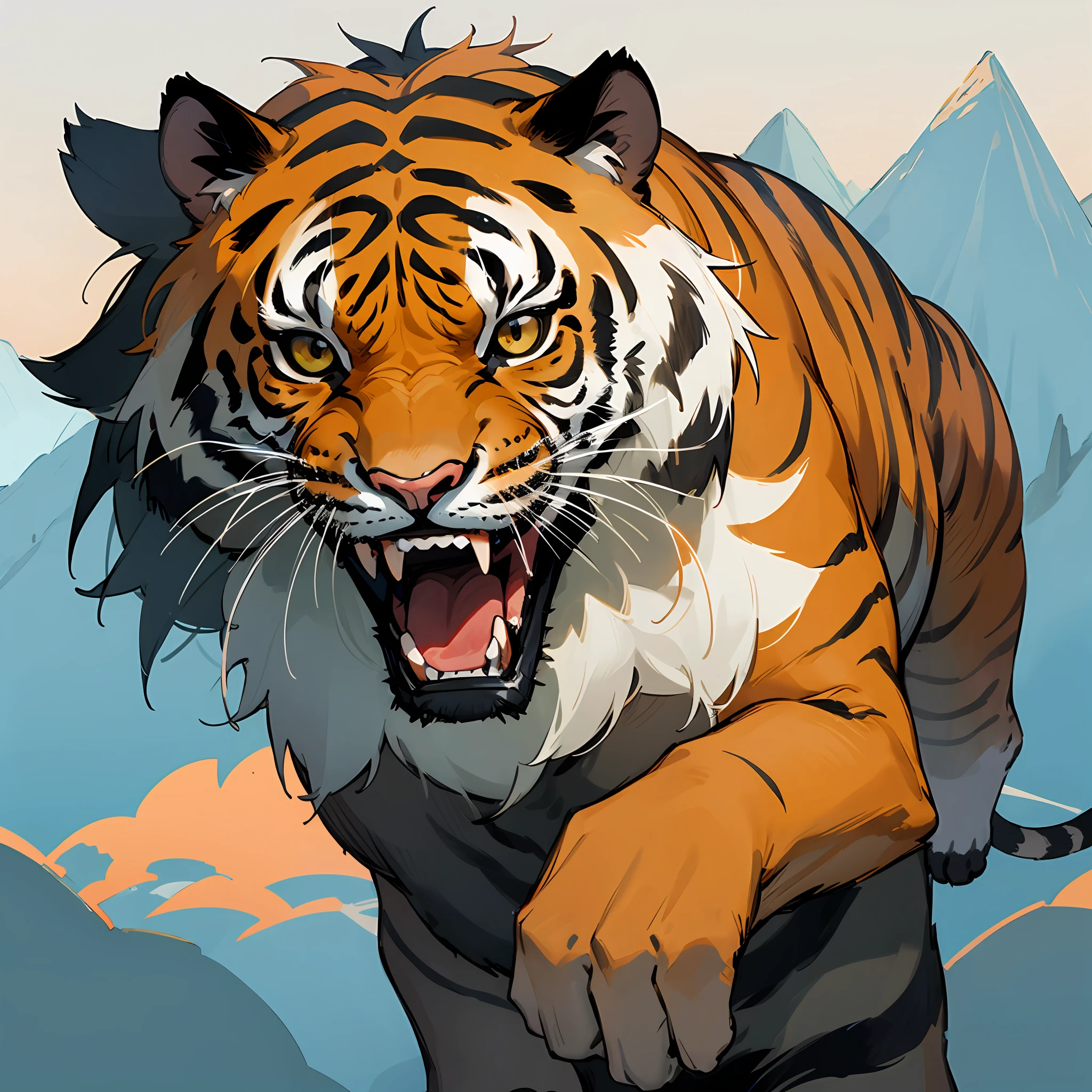 terroral，Siberian tigers full of wisdom，Large mouth of blood，The background is a mountain forest，There was also a fire