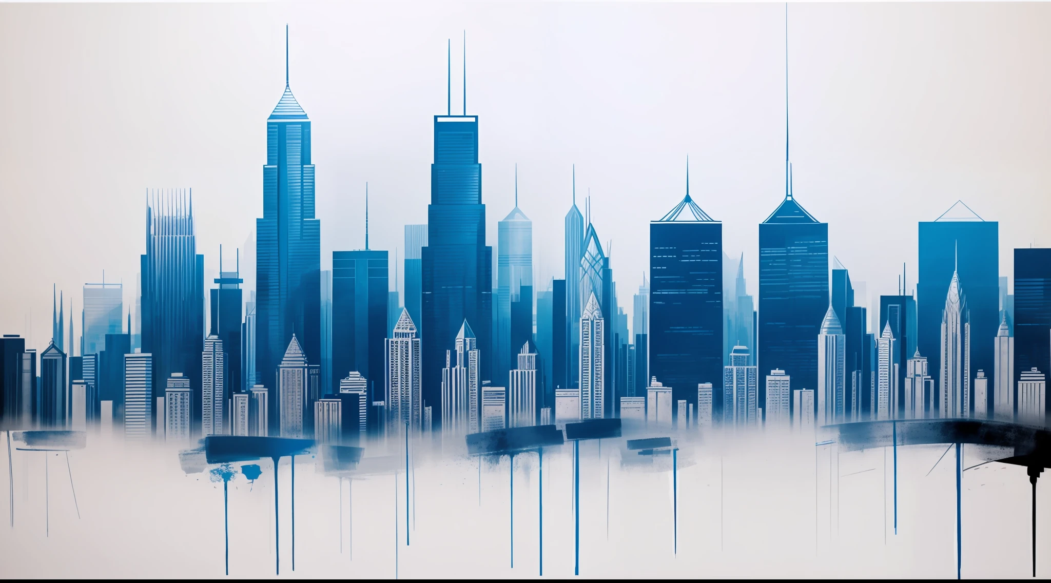 (abstract:0.2), modern art painting, bold brushstrokes, haze, worm's view of skyscrapers, blue, white and grays