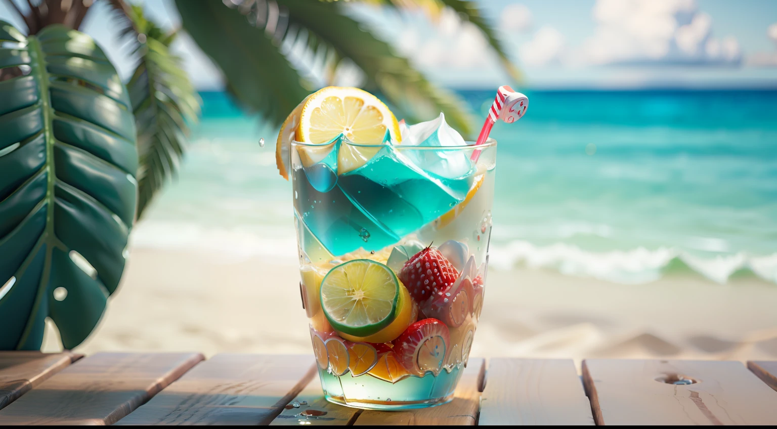 Using the right hand, macro photography depicts picnic scenes themed around a tropical beach holiday in summer. The protagonist of this photo is a cool glass filled with iced carbonated drinks. The lens focuses on glasses, fruit, dazzling midday sun, fisheye lenses, distant views, a hearty meal, (splashed liquid: 1.6), ice, (picnic scene: 0.5) (cute dessert: 0.4), dripping. It's filled with carbonated drinks, translucent liquid, daytime outdoor lights (beach 1.5), tropical plants, hot weather, HD detail, wet watermark, hyperdetail, cinematic, surrealism, soft light, deep field focus bokeh, ray tracing, diffuse (ultra-fine glass reflection), and surrealism.