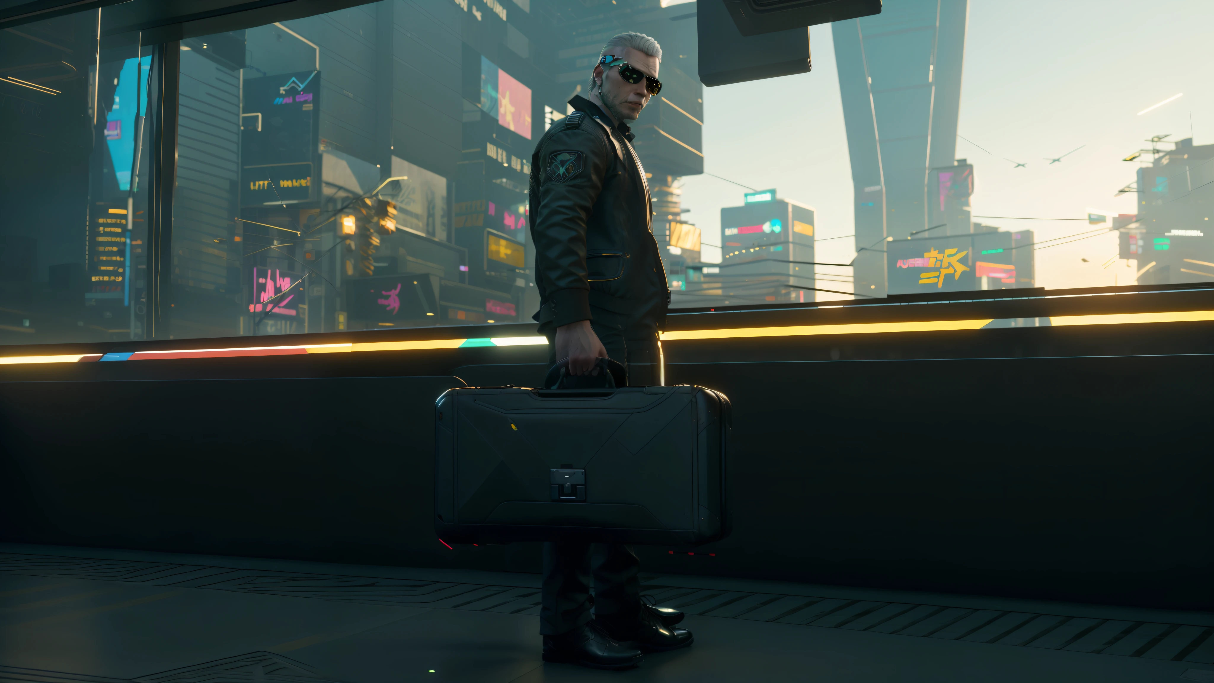 In front of the window stood a man carrying a suitcase, he is carrying a black briefcase, briefcase, holding a briefcase, cyberpunk art ultrarealistic 8k, (Cyberpunk 2077), rednered with raytracing, ( cyberpunk 2 0 7 7, In Cyberpunk 2077, walking to work with a briefcase