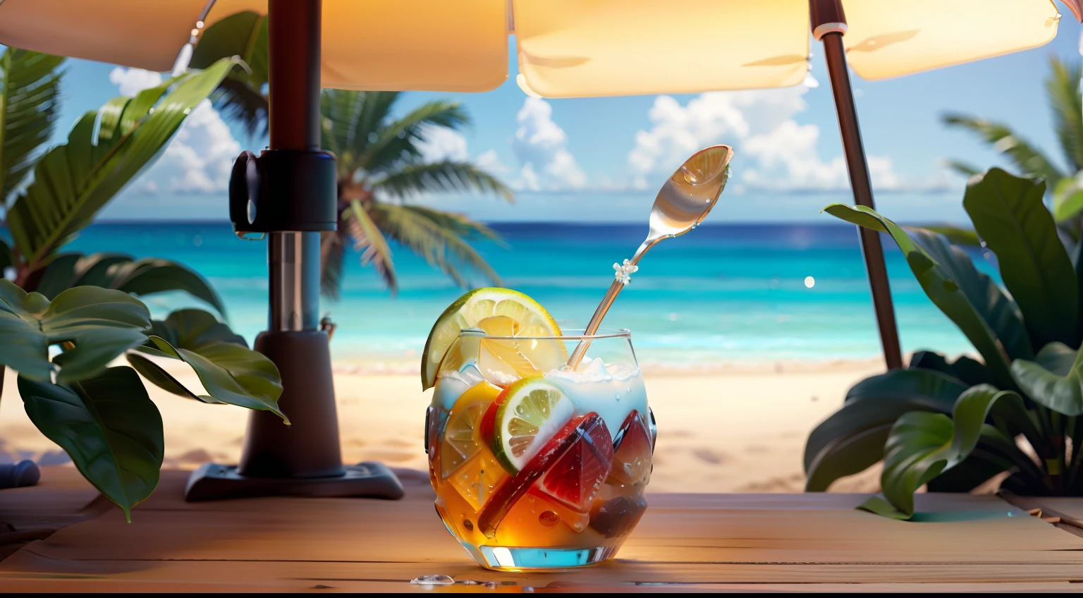 Using the right hand, macro photography depicts picnic scenes themed around a tropical beach holiday in summer. The protagonist of this photo is a cool glass filled with iced carbonated drinks. The lens focuses on glasses, fruit, dazzling midday sun, fisheye lenses, distant views, a hearty meal, (splashed liquid: 1.6), ice, (picnic scene: 0.5) (cute dessert: 0.4), dripping. It's filled with carbonated drinks, translucent liquid, daytime outdoor lights (beach 1.5), tropical plants, hot weather, HD detail, wet watermark, hyperdetail, cinematic, surrealism, soft light, deep field focus bokeh, ray tracing, diffuse (ultra-fine glass reflection), and surrealism.