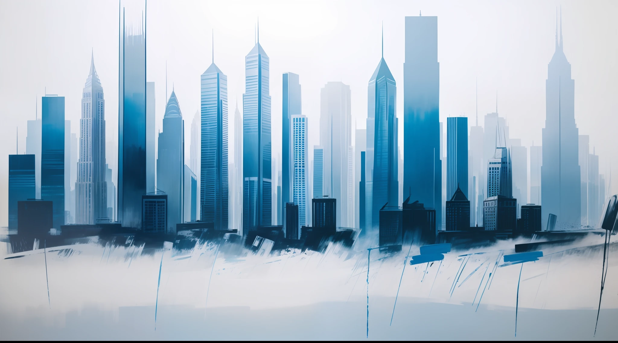 (abstract:0.2), modern art painting, bold brushstrokes of thick texturized paint, fog, street view of skyscrapers, blue, white and grays