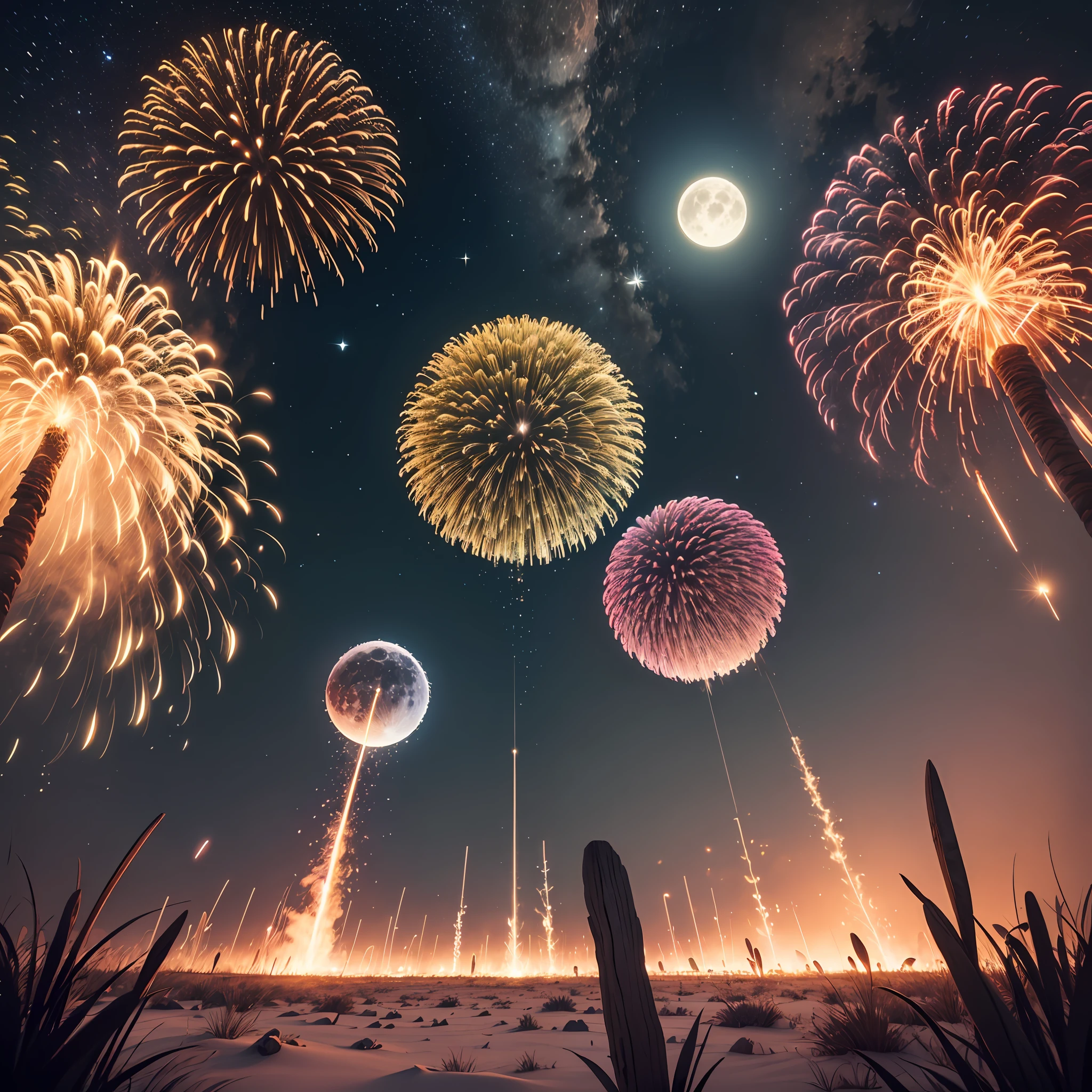 A bright moon,nigh sky,high qulity ,fire works,quadratic element